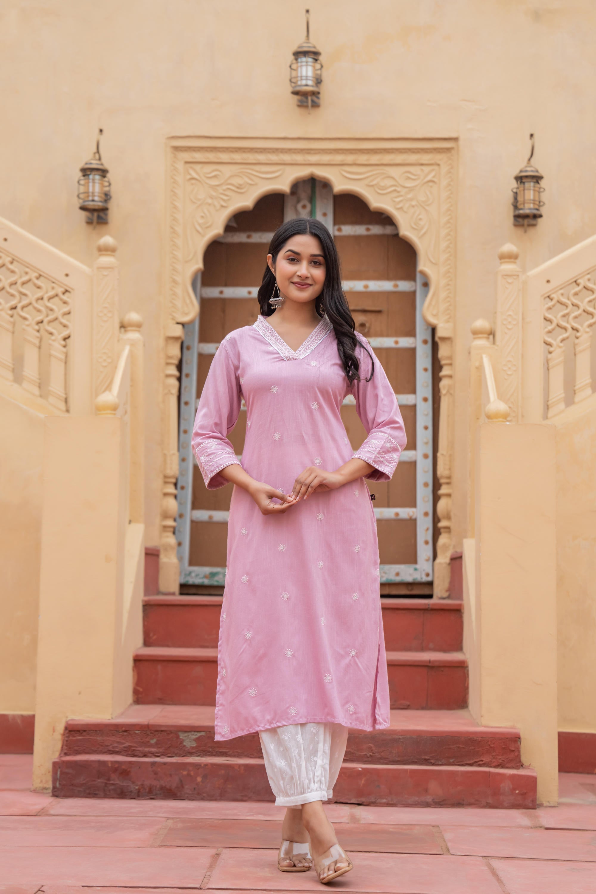 Juniper Pink Embroidered Viscose Kurta with Printed Cotton Pant