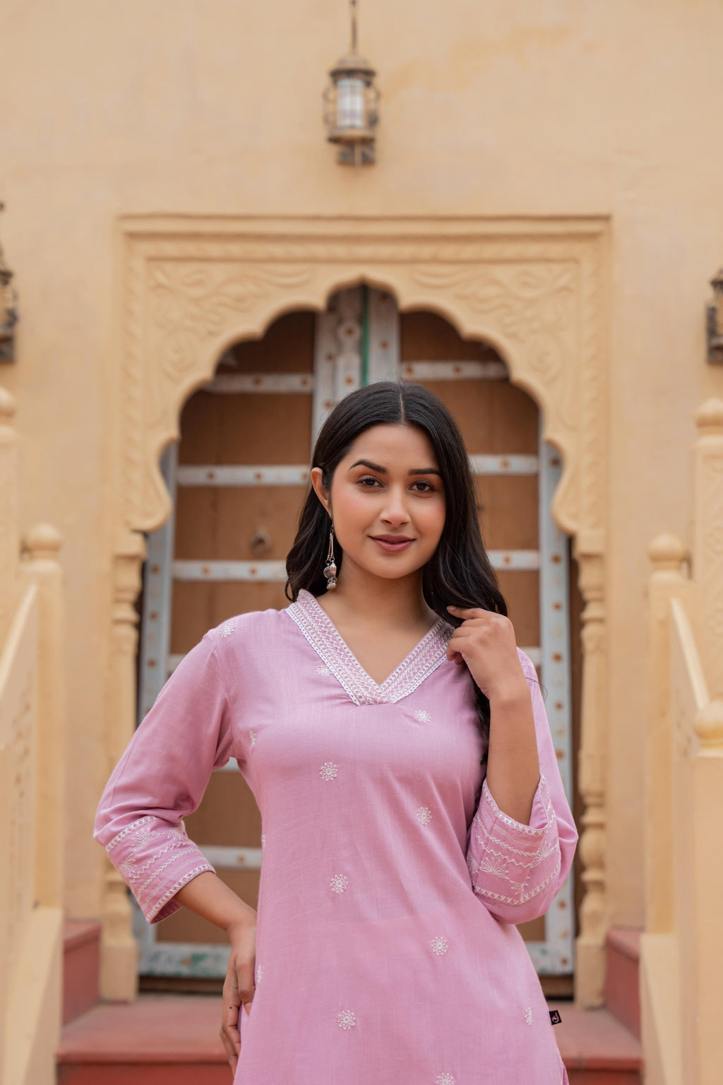 Juniper Pink Embroidered Viscose Kurta with Printed Cotton Pant