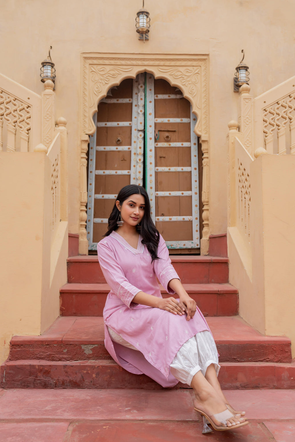Juniper Pink Embroidered Viscose Kurta with Printed Cotton Pant