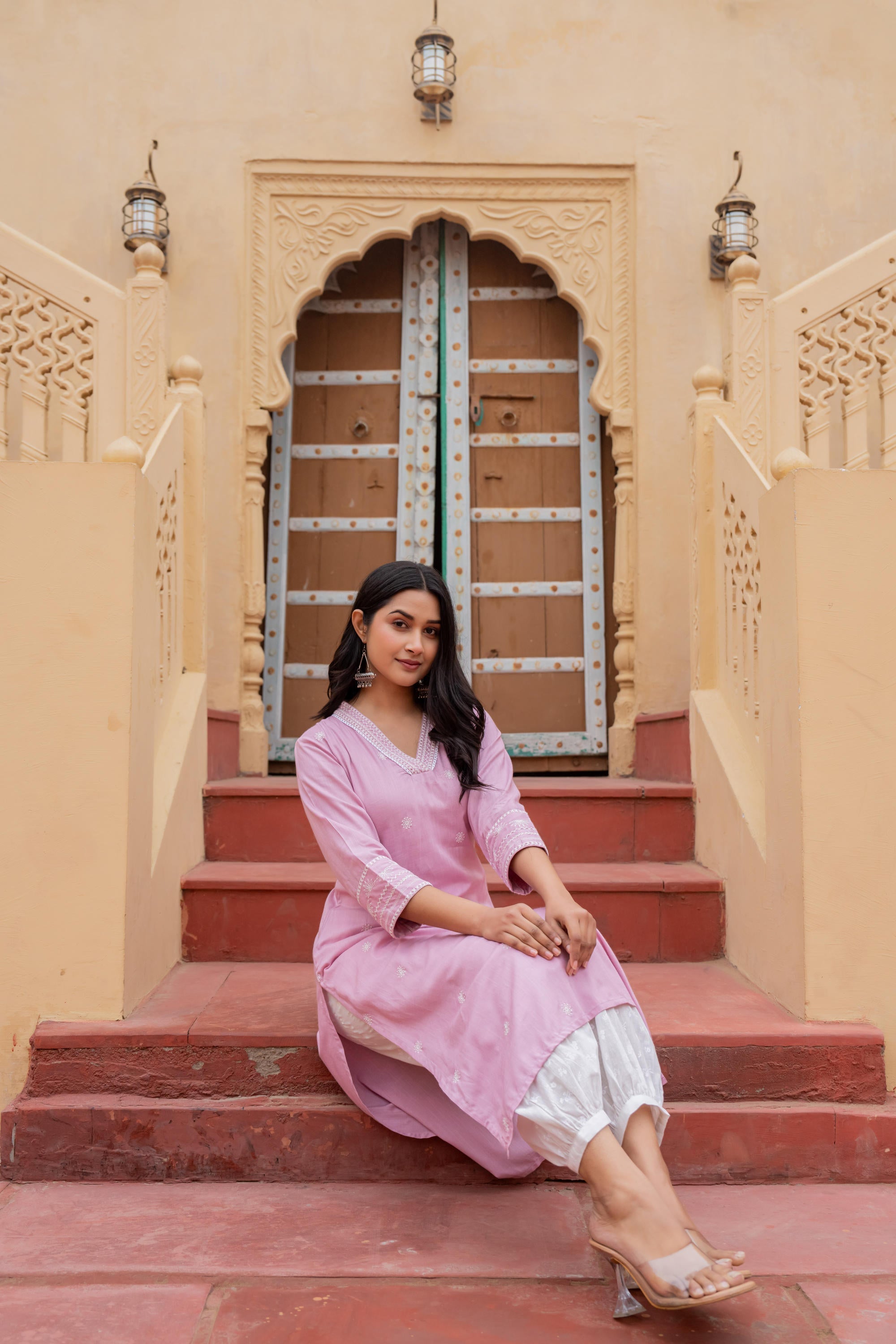 Juniper Pink Embroidered Viscose Kurta with Printed Cotton Pant