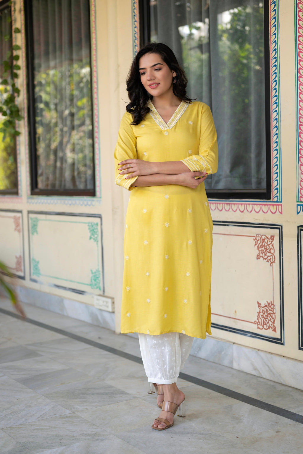 Juniper Yellow Embroidered Viscose Kurta with Printed Cotton Pant