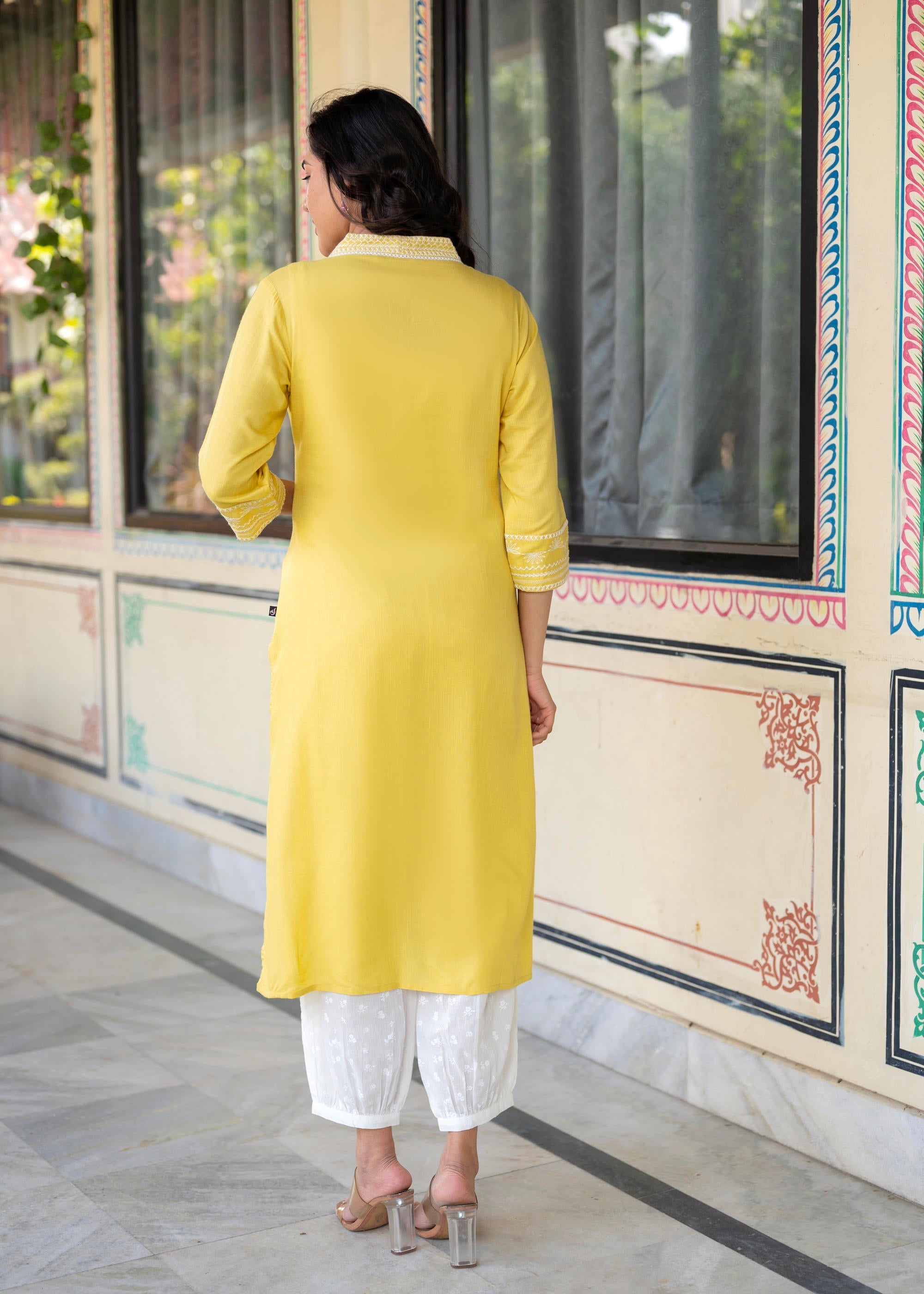 Juniper Yellow Embroidered Viscose Kurta with Printed Cotton Pant