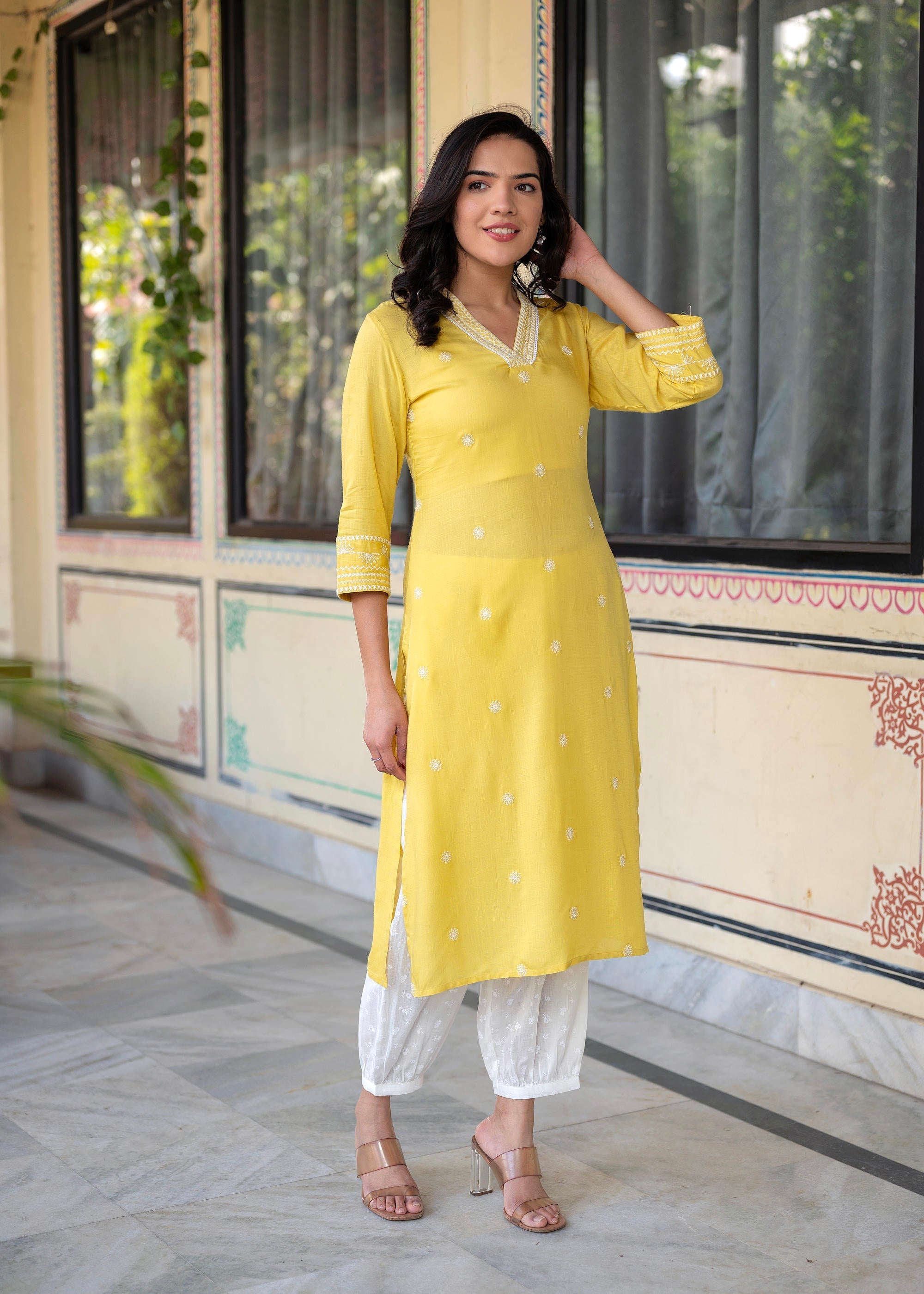 Juniper Yellow Embroidered Viscose Kurta with Printed Cotton Pant