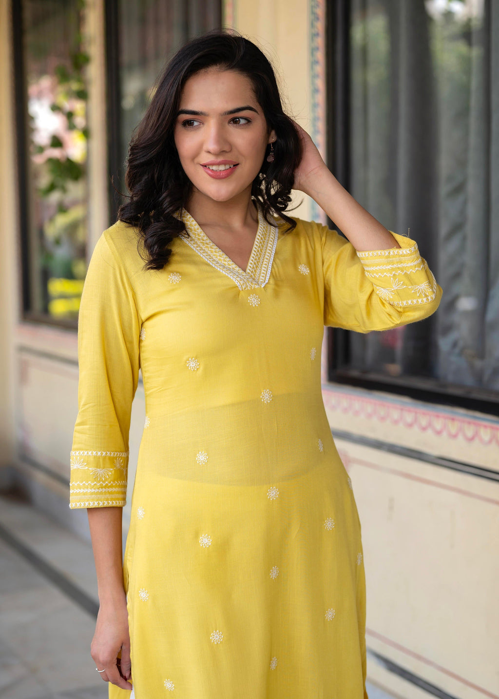 Juniper Yellow Embroidered Viscose Kurta with Printed Cotton Pant
