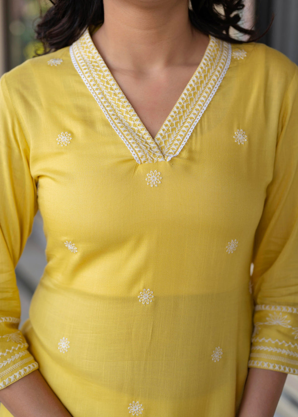 Juniper Yellow Embroidered Viscose Kurta with Printed Cotton Pant