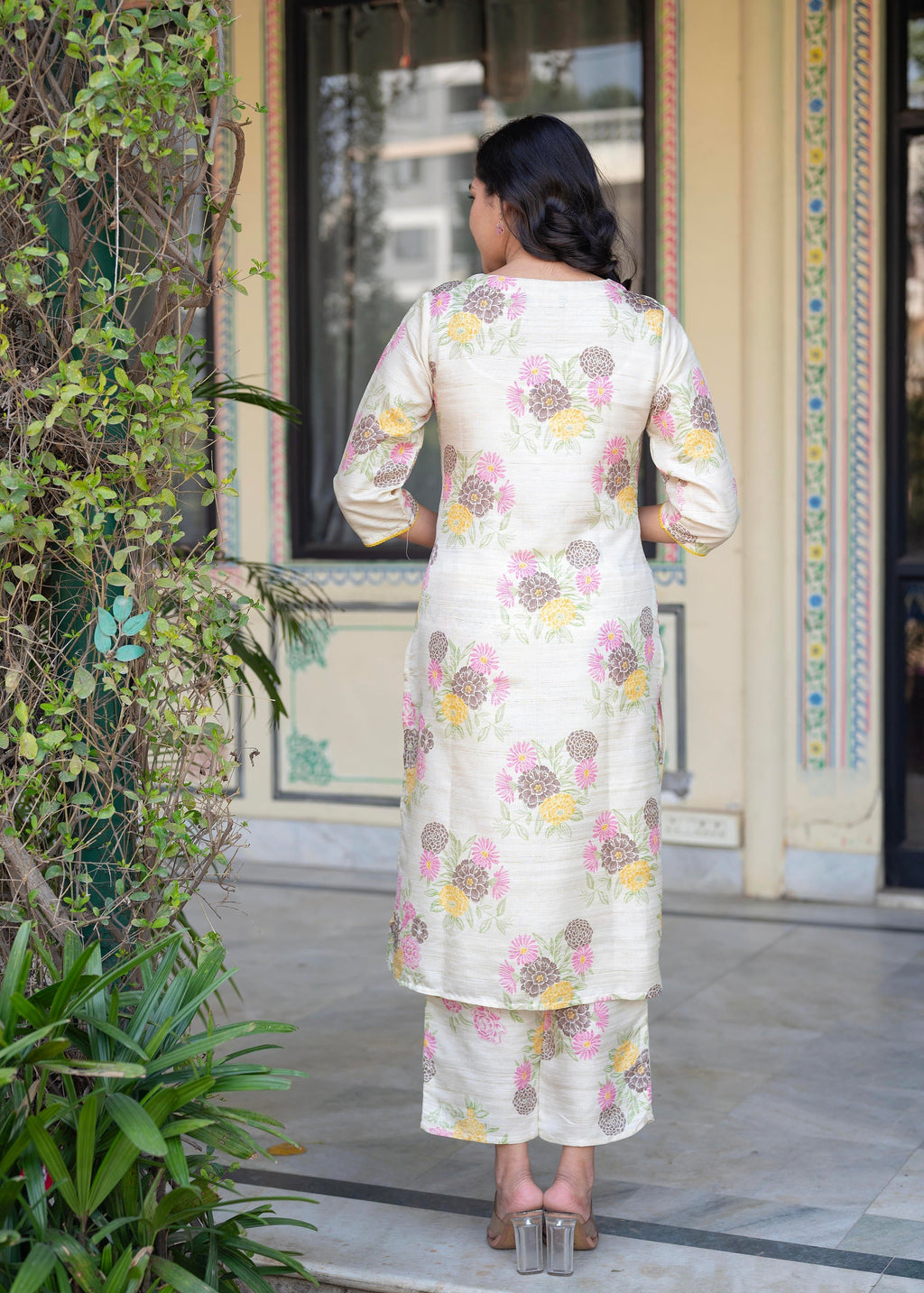 Juniper Ivory Floral Viscose Kurta with Printed Cotton Pant & Button Details
