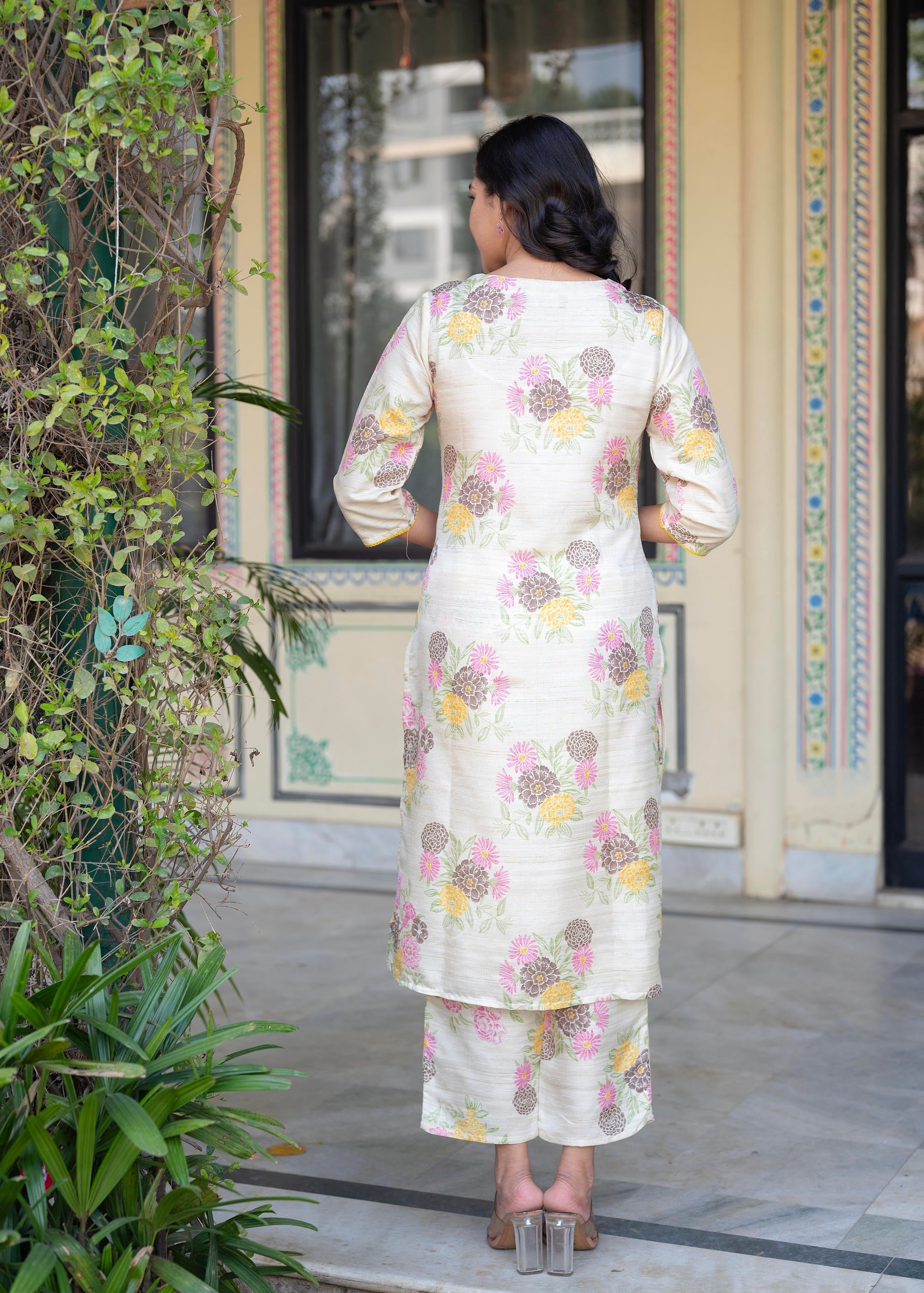 Juniper Ivory Floral Viscose Kurta With Printed Cotton Pant & Button Details