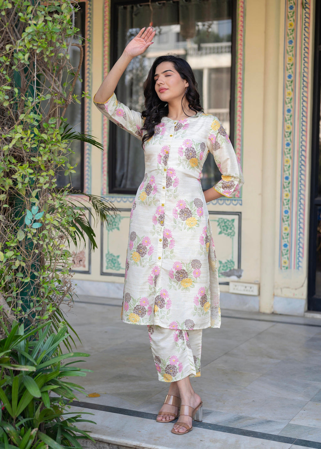 Juniper Ivory Floral Viscose Kurta with Printed Cotton Pant & Button Details