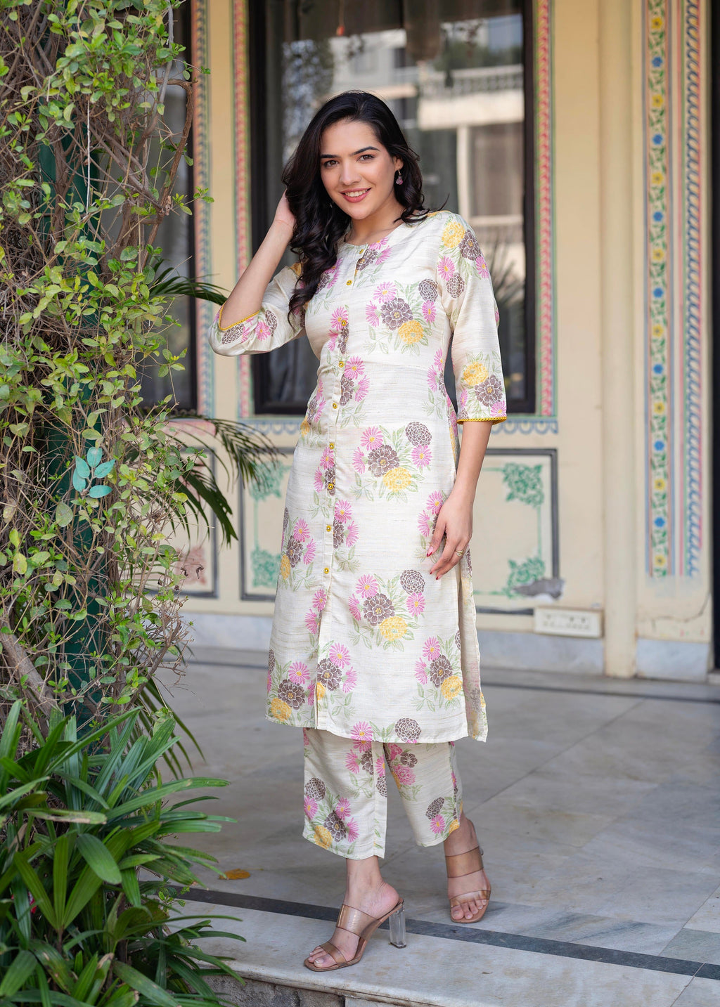 Juniper Ivory Floral Viscose Kurta with Printed Cotton Pant & Button Details