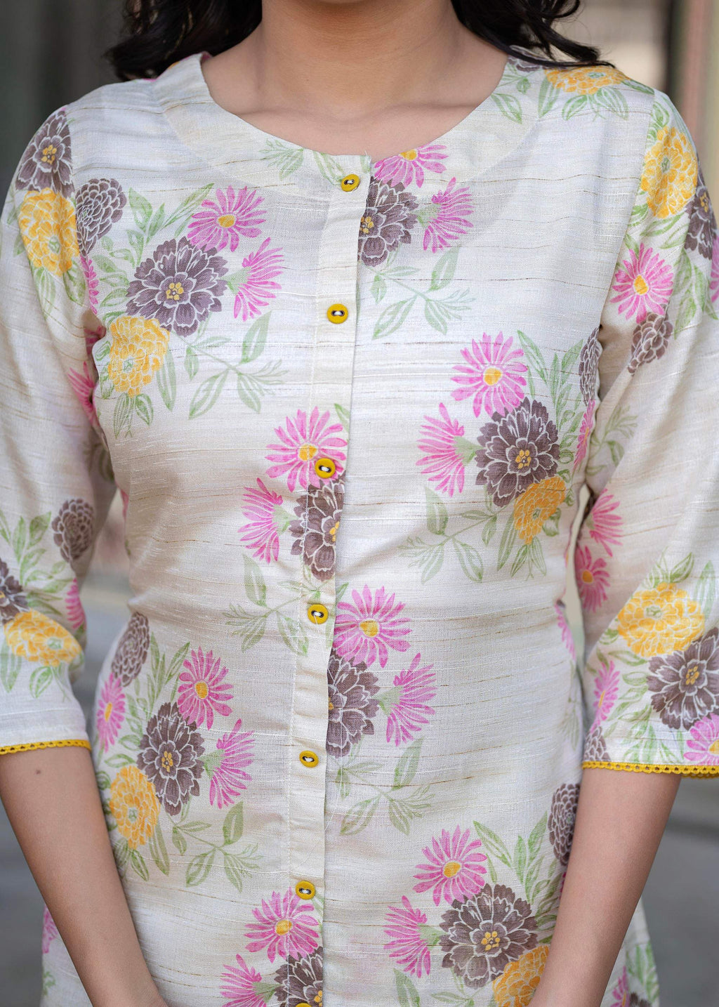 Juniper Ivory Floral Viscose Kurta with Printed Cotton Pant & Button Details