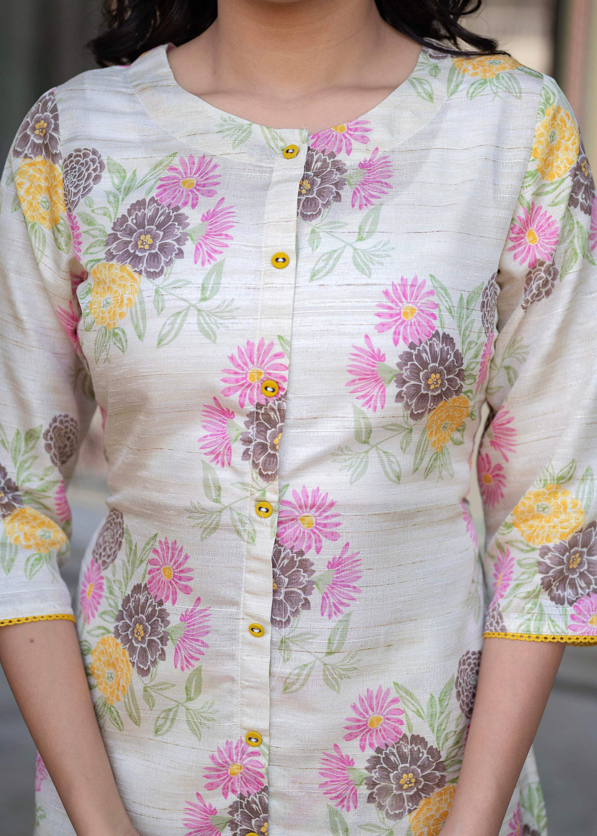 Juniper Ivory Floral Viscose Kurta with Printed Cotton Pant & Button Details