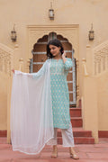 Juniper Women's Light Blue Ethnic Motif Printed Viscose Kurta Set With Sequin & Thread Work
