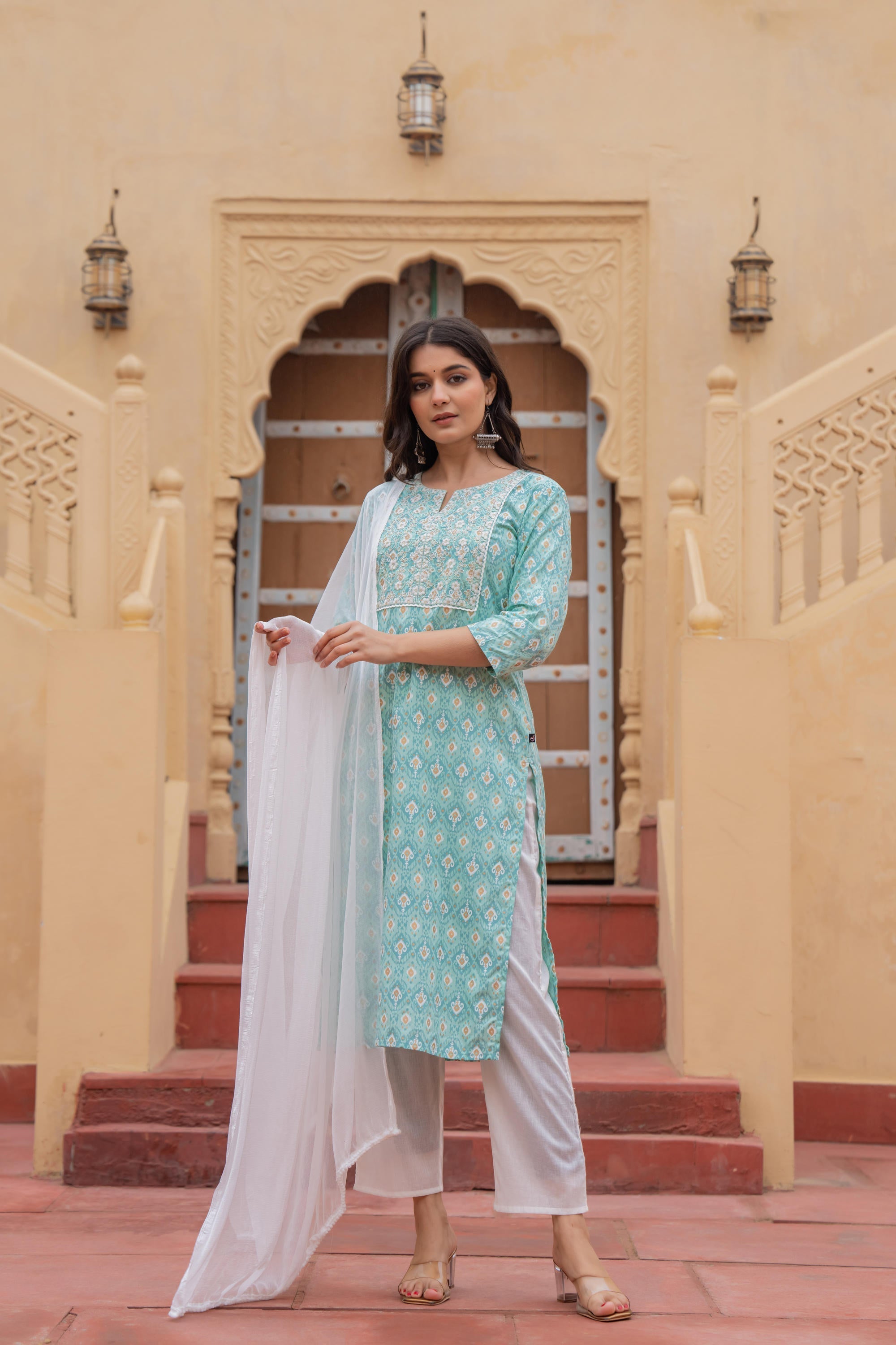 Juniper Women's Light Blue Ethnic Motif Printed Viscose Kurta Set With Sequin & Thread Work