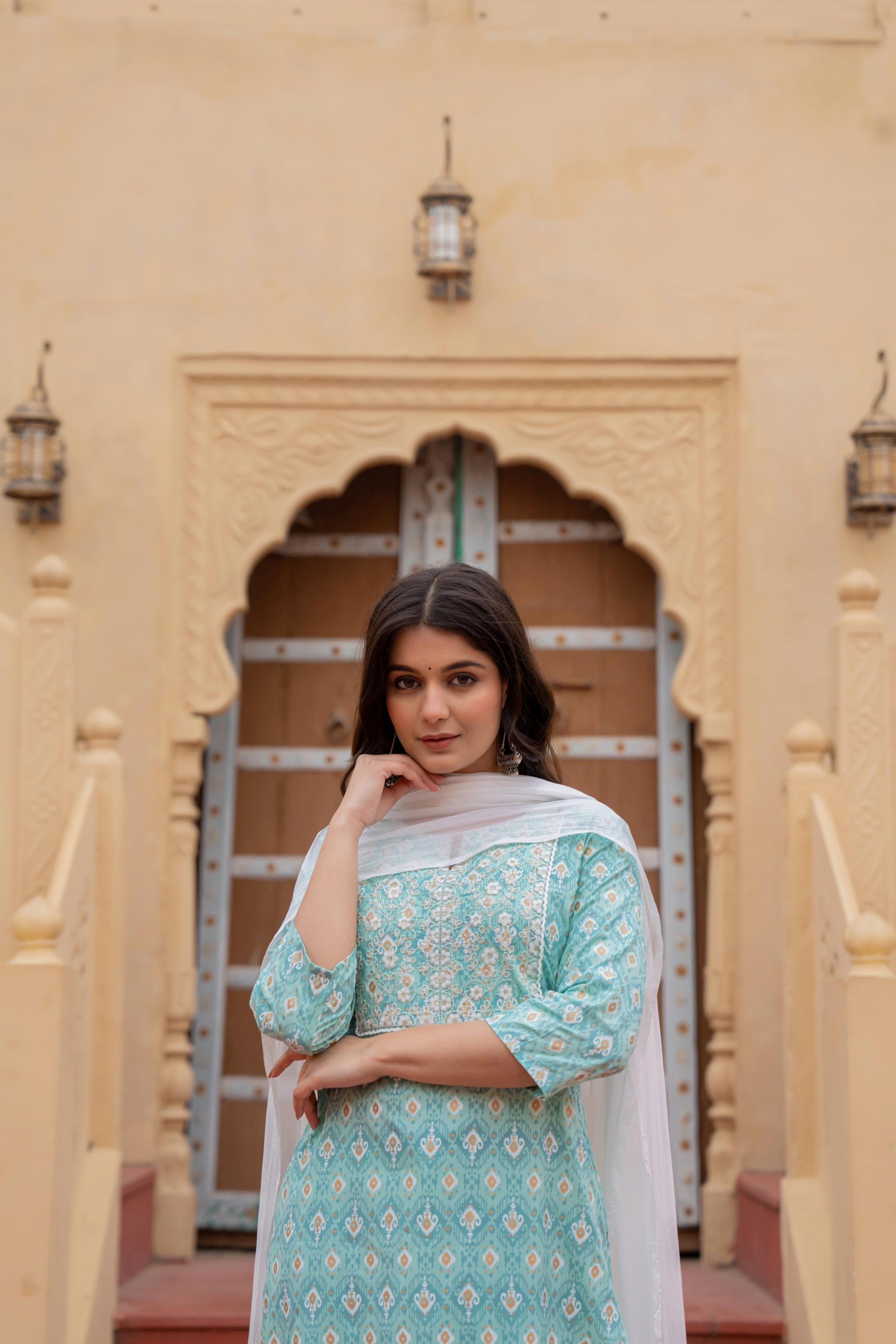 Juniper Women's Light Blue Ethnic Motif Printed Viscose Kurta Set With Sequin & Thread Work