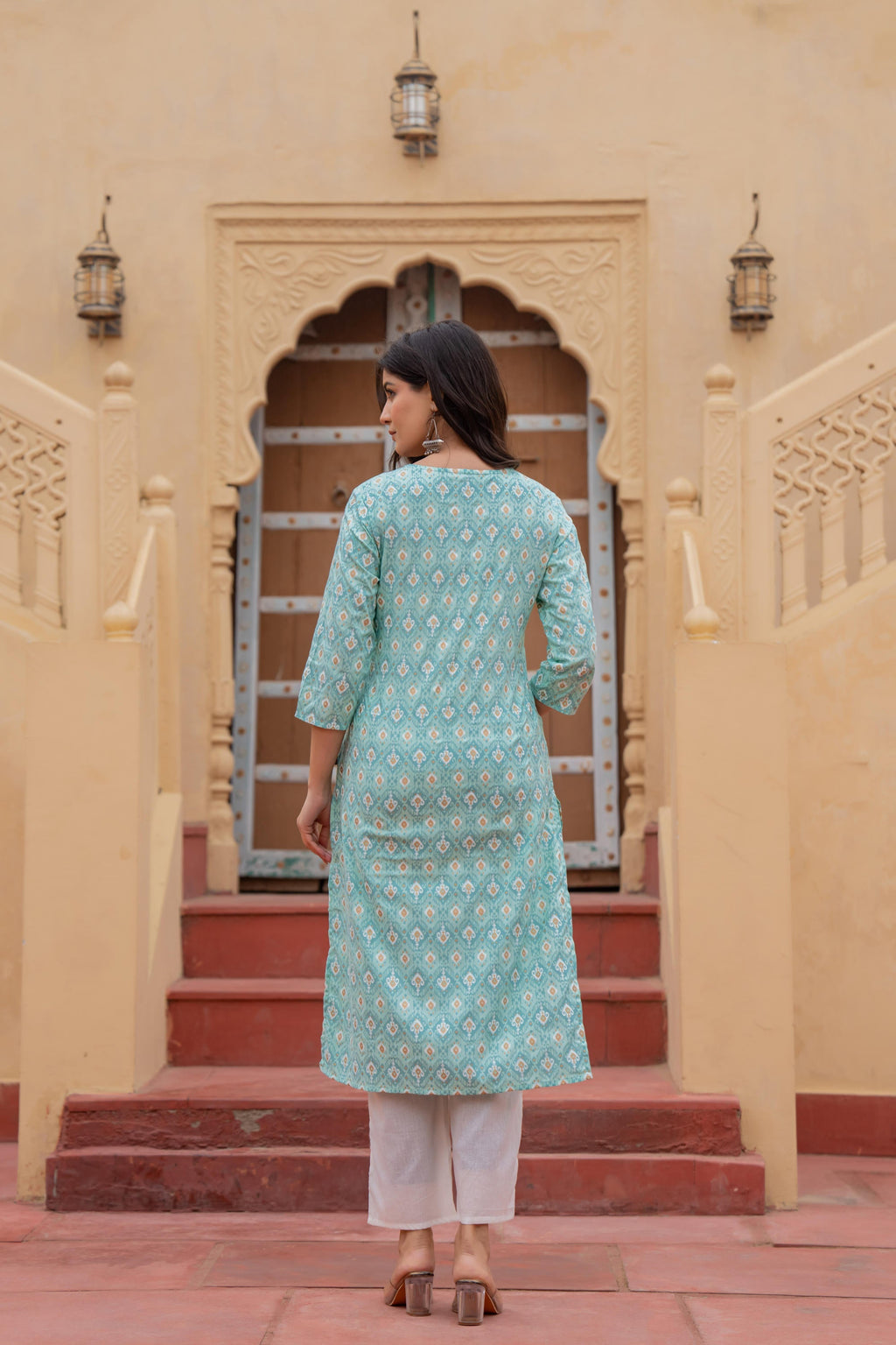 Juniper Women's Light Blue Ethnic Motif Printed Viscose Kurta Set With Sequin & Thread Work