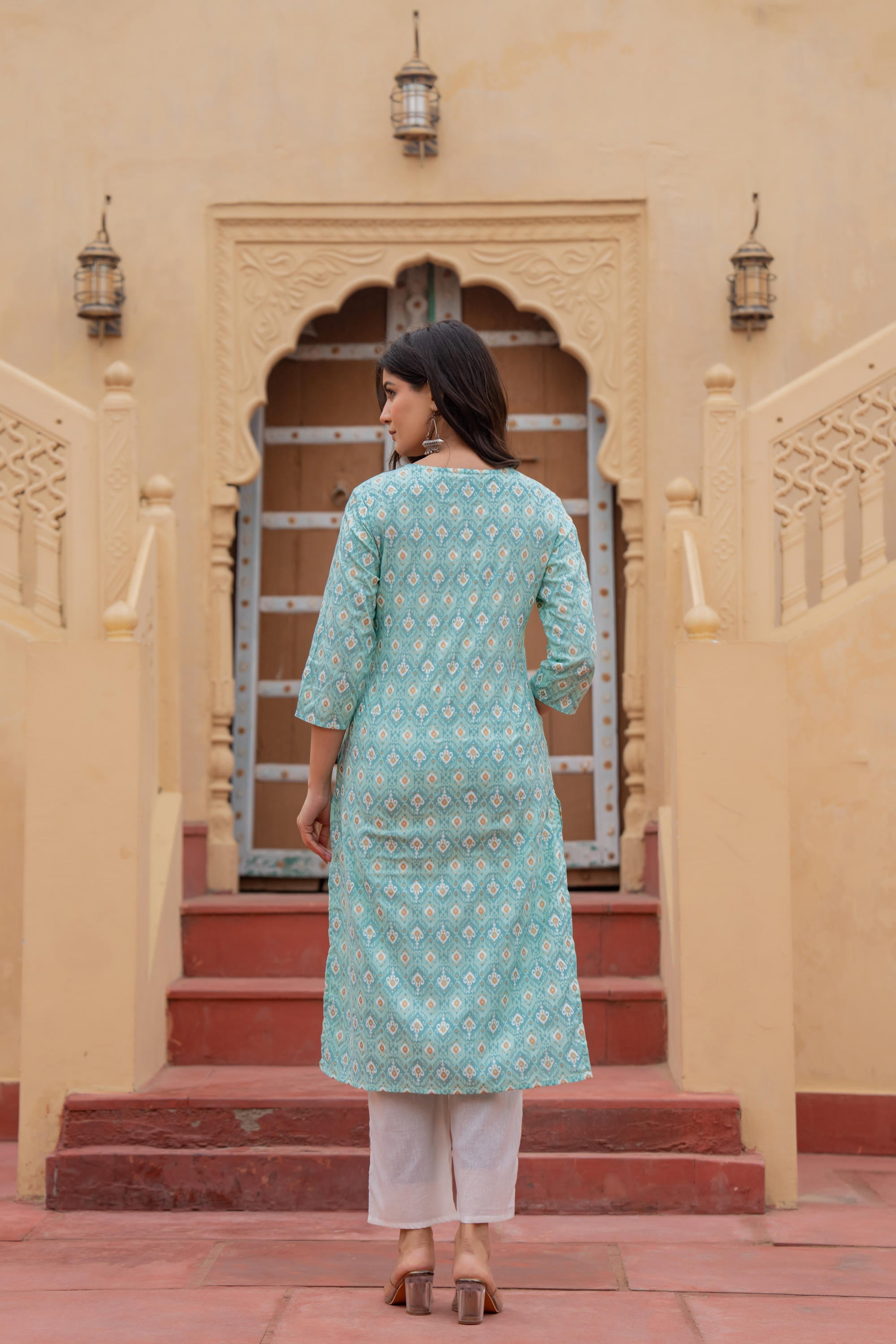 Juniper Women's Light Blue Ethnic Motif Printed Viscose Kurta Set With Sequin & Thread Work