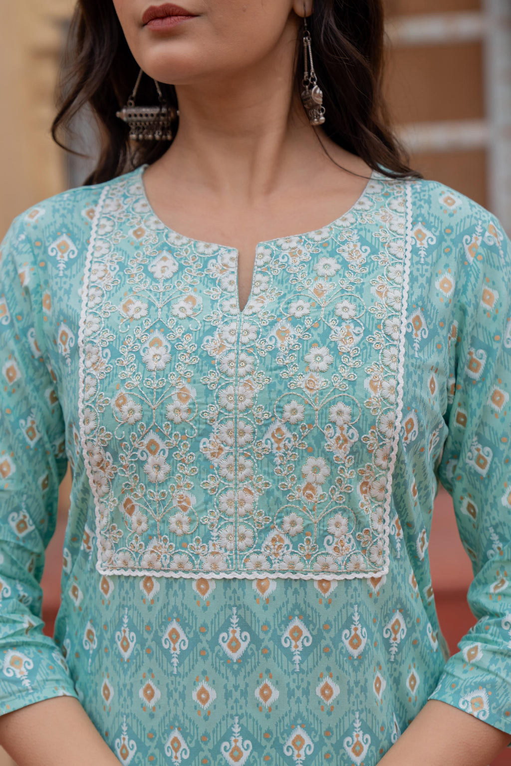 Juniper Women's Light Blue Ethnic Motif Printed Viscose Kurta Set With Sequin & Thread Work