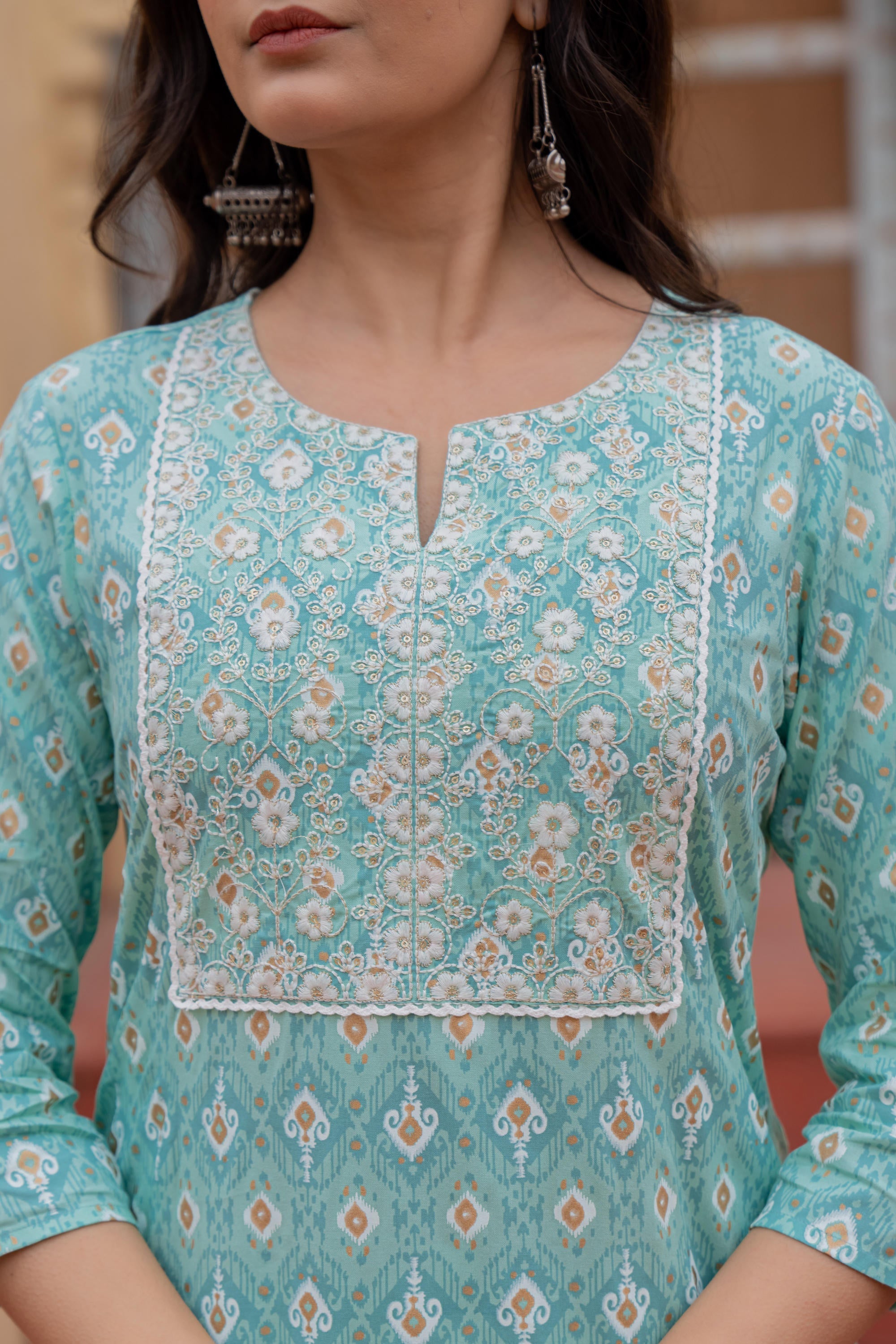 Juniper Light Blue Ethnic Motif Printed Viscose Kurta Set With Sequin & Thread Work