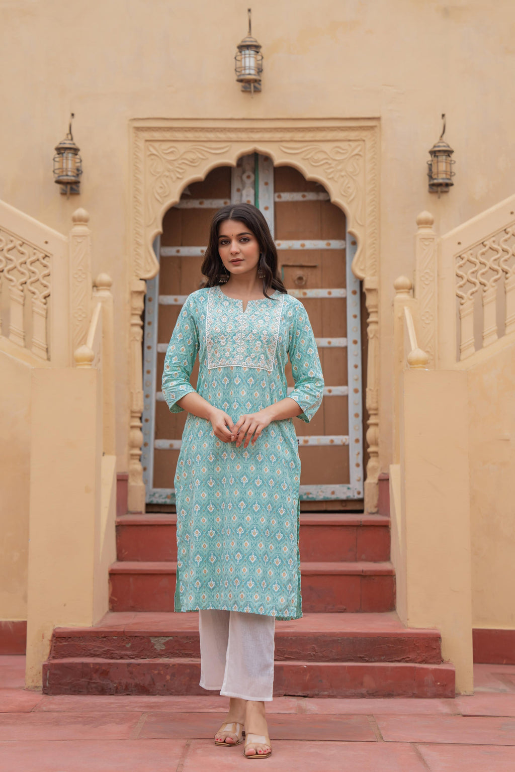 Juniper Women's Light Blue Ethnic Motif Printed Viscose Kurta Set With Sequin & Thread Work