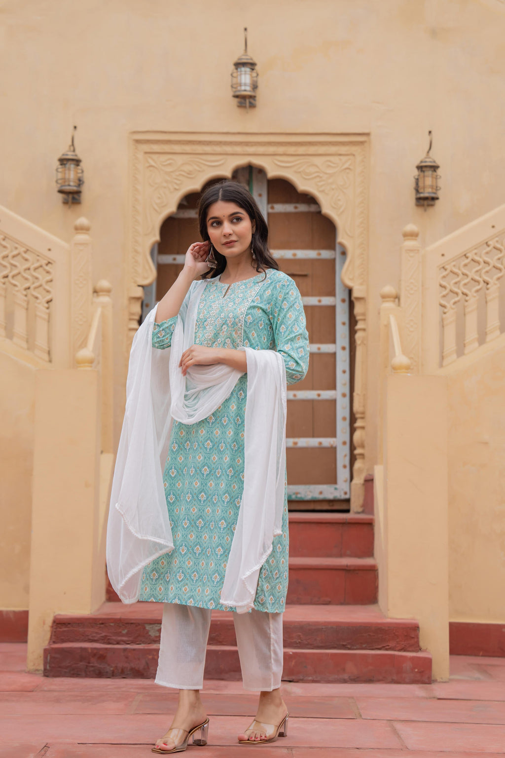 Juniper Women's Light Blue Ethnic Motif Printed Viscose Kurta Set With Sequin & Thread Work