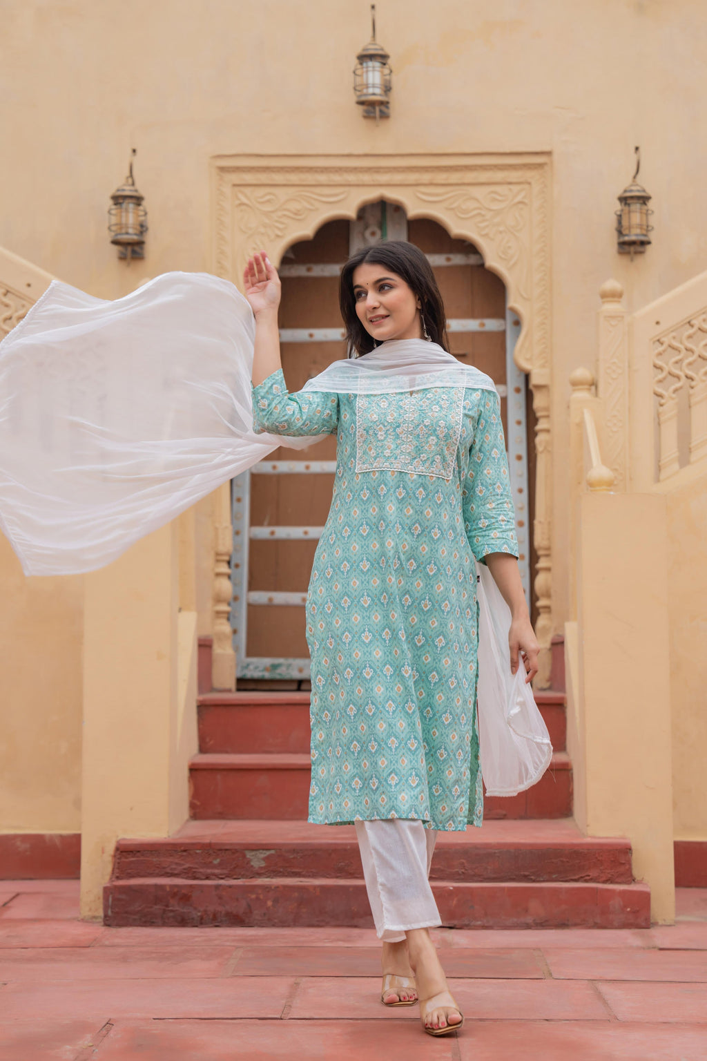 Juniper Women's Light Blue Ethnic Motif Printed Viscose Kurta Set With Sequin & Thread Work