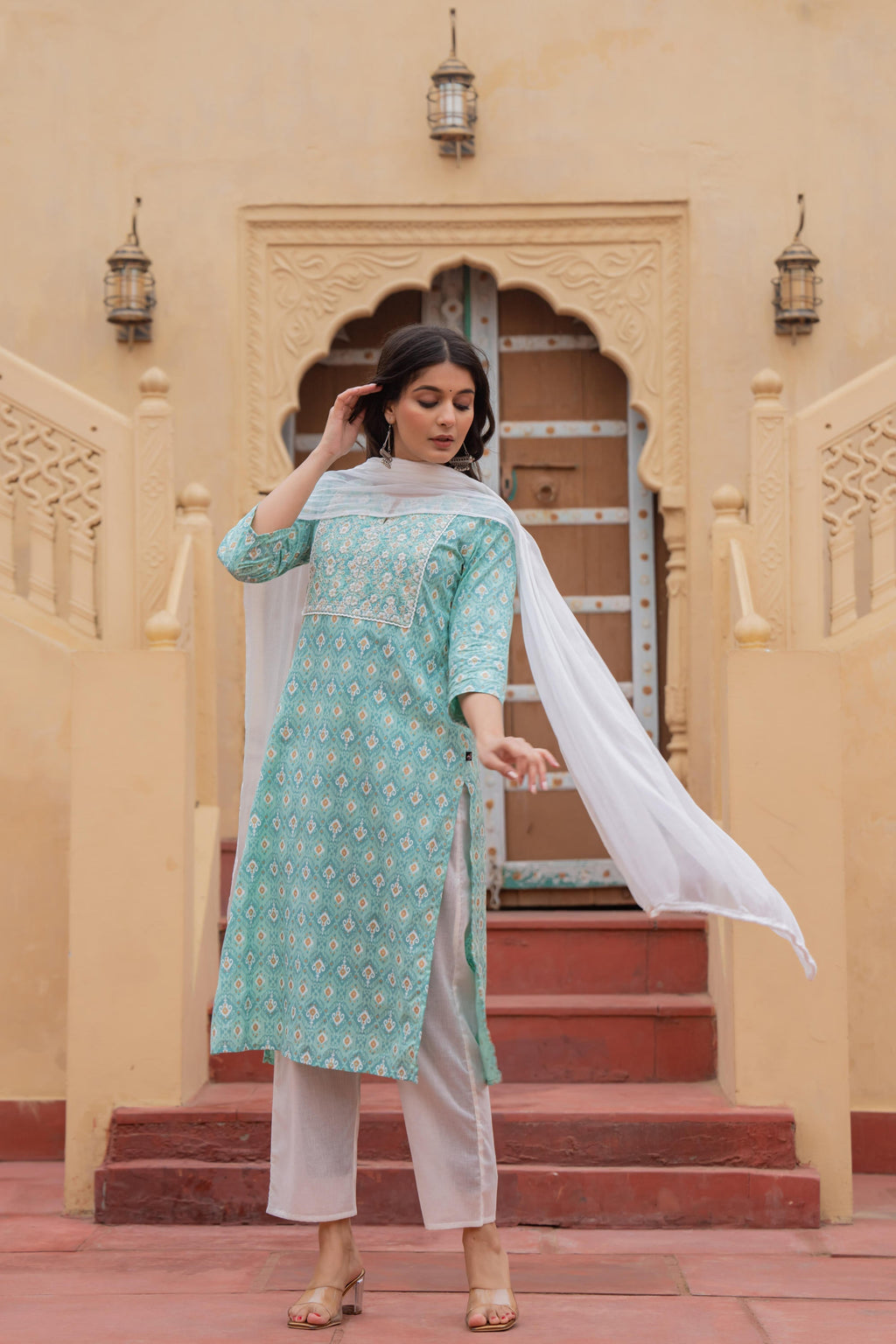 Juniper Women's Light Blue Ethnic Motif Printed Viscose Kurta Set With Sequin & Thread Work