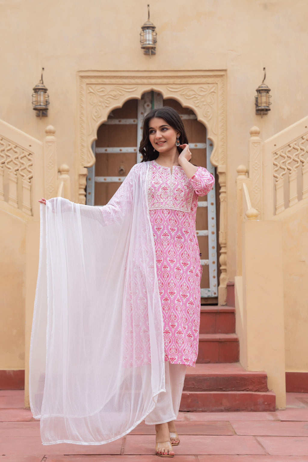 Juniper Women's Pink Ethnic Motif Printed Viscose Kurta Set With Sequin & Thread Work