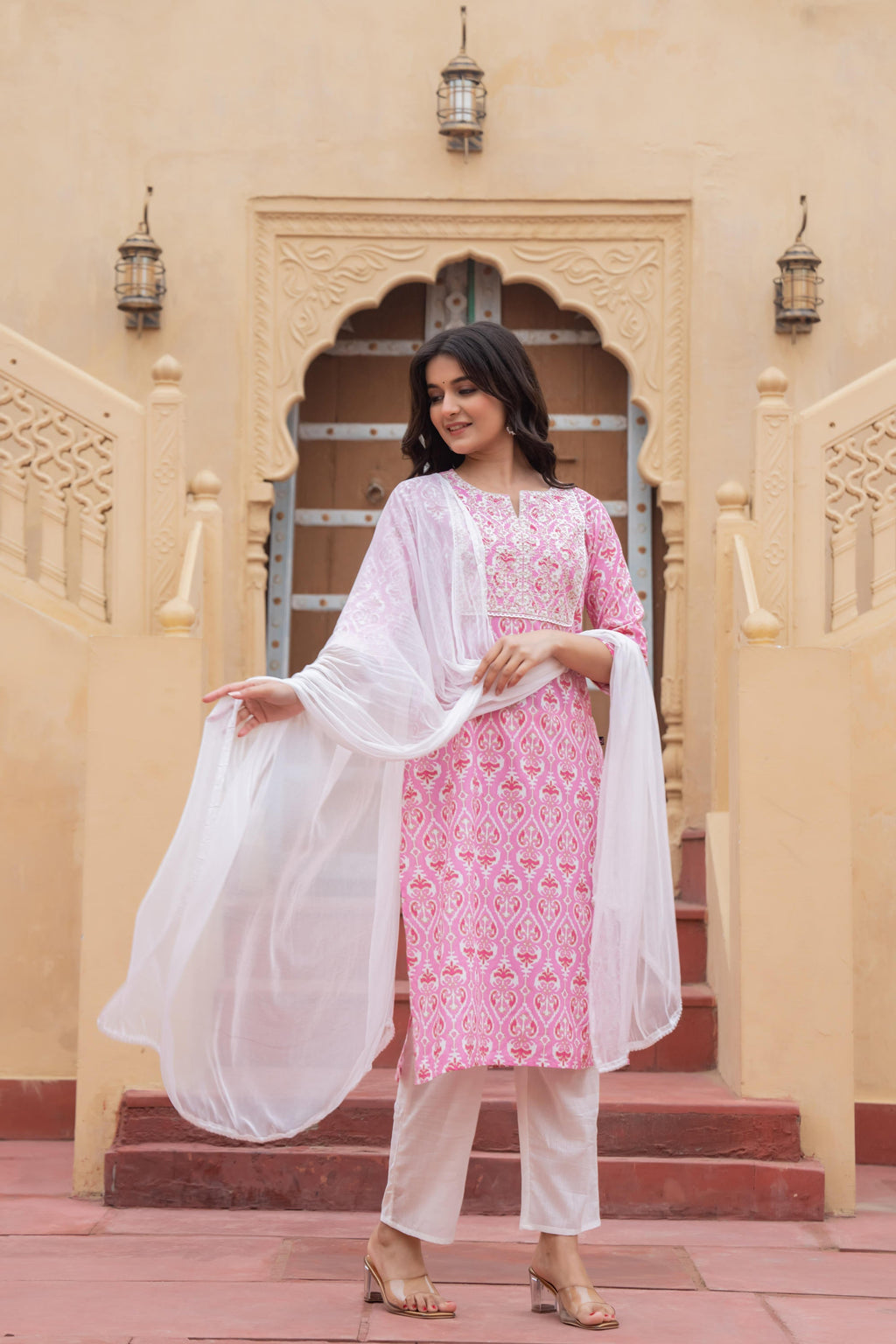 Juniper Women's Pink Ethnic Motif Printed Viscose Kurta Set With Sequin & Thread Work