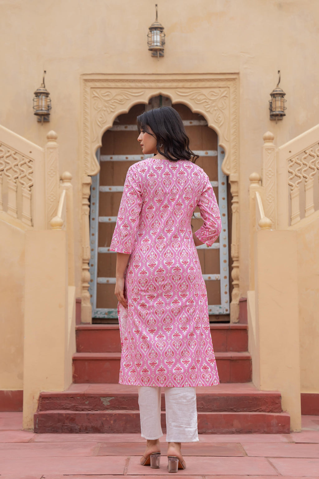 Juniper Women's Pink Ethnic Motif Printed Viscose Kurta Set With Sequin & Thread Work