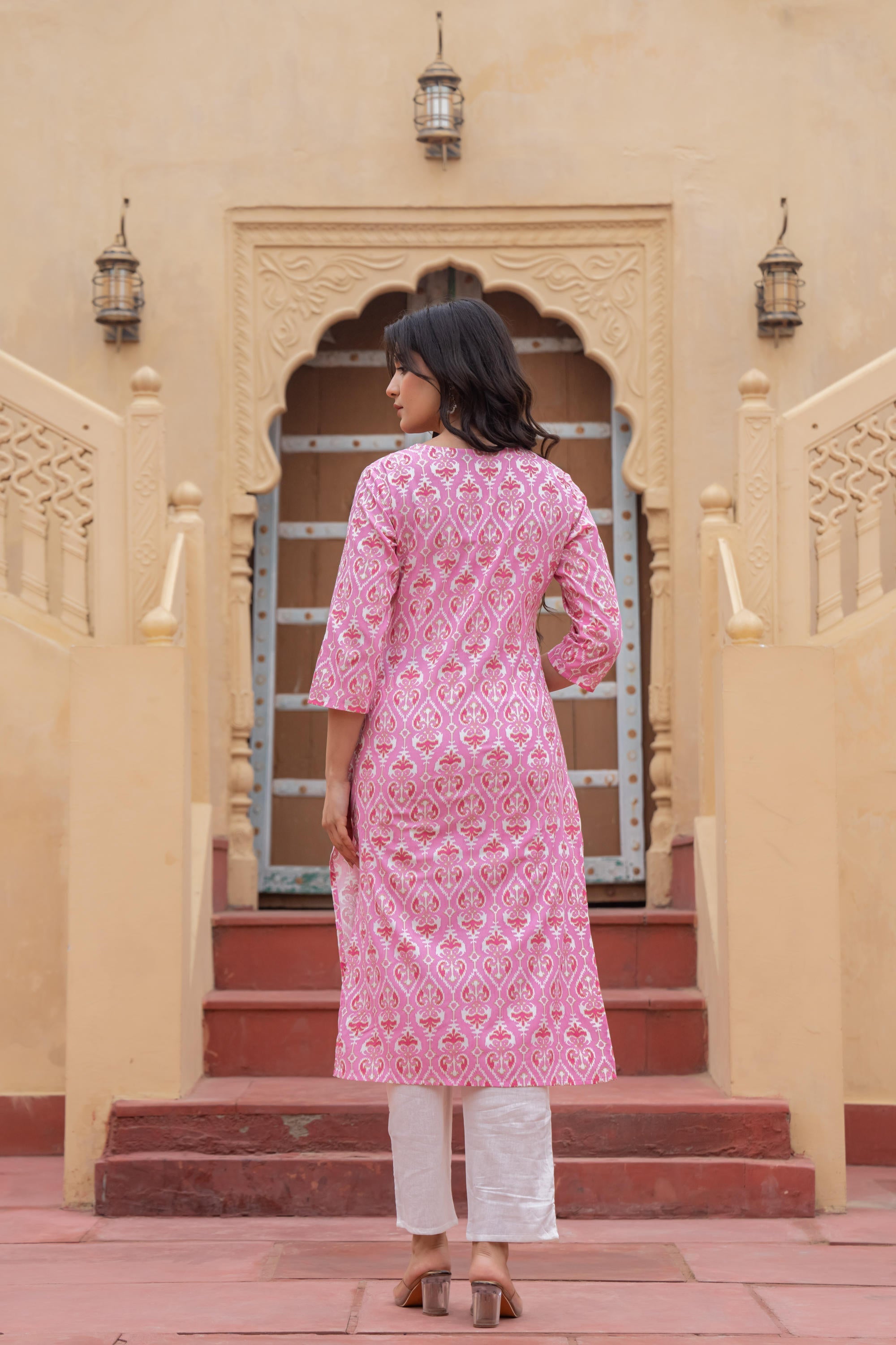 Juniper Pink Ethnic Motif Printed Viscose Kurta Set With Sequin & Thread Work