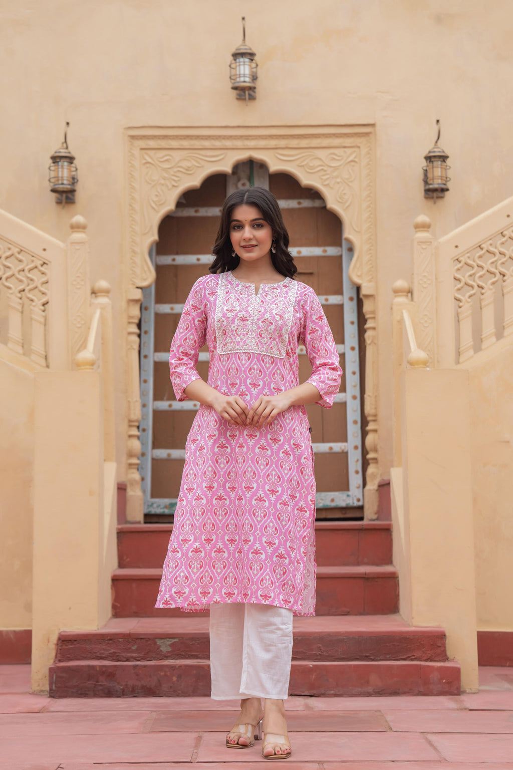 Juniper Women's Pink Ethnic Motif Printed Viscose Kurta Set With Sequin & Thread Work