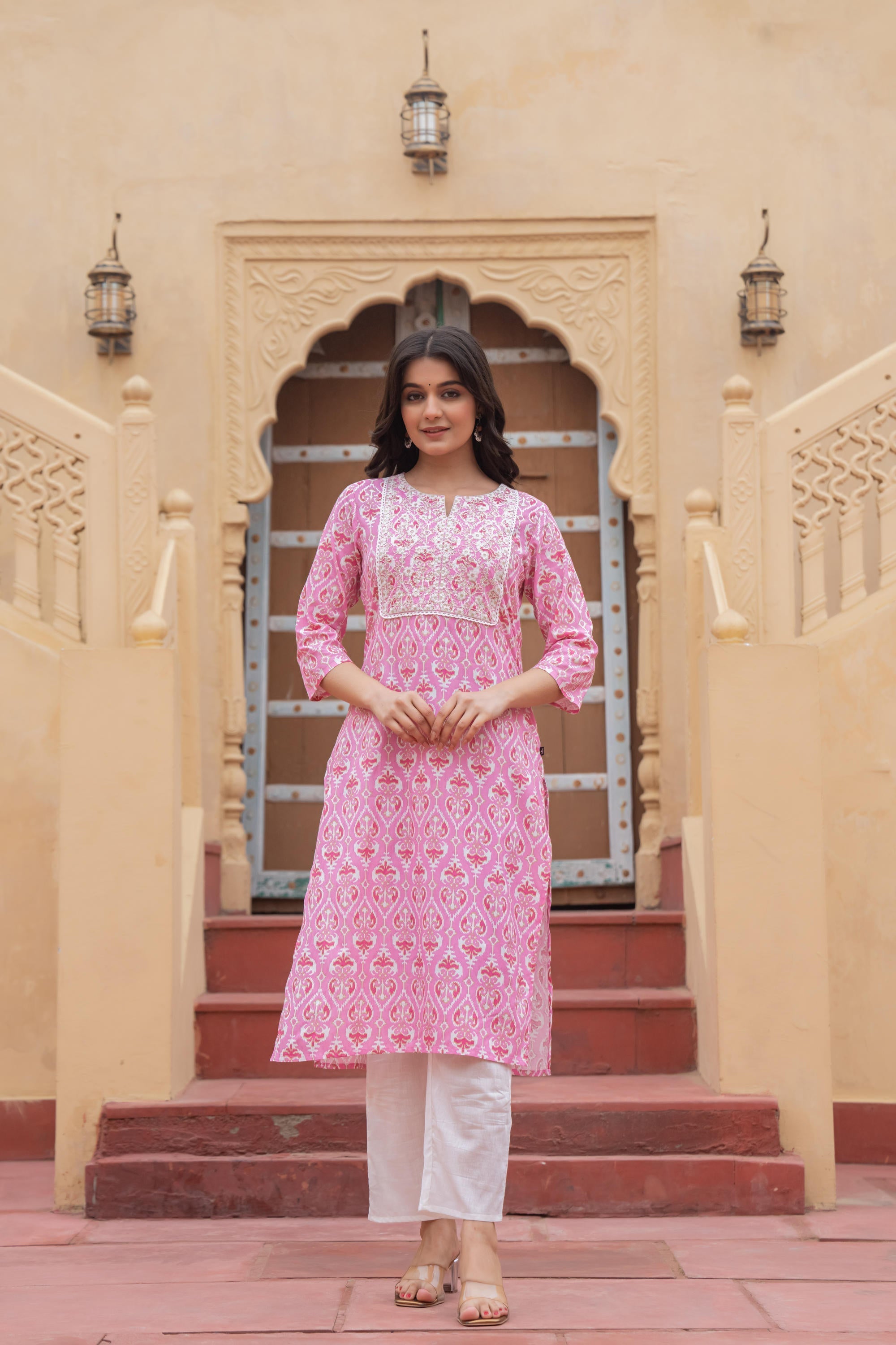 Juniper Women's Pink Ethnic Motif Printed Viscose Kurta Set With Sequin & Thread Work