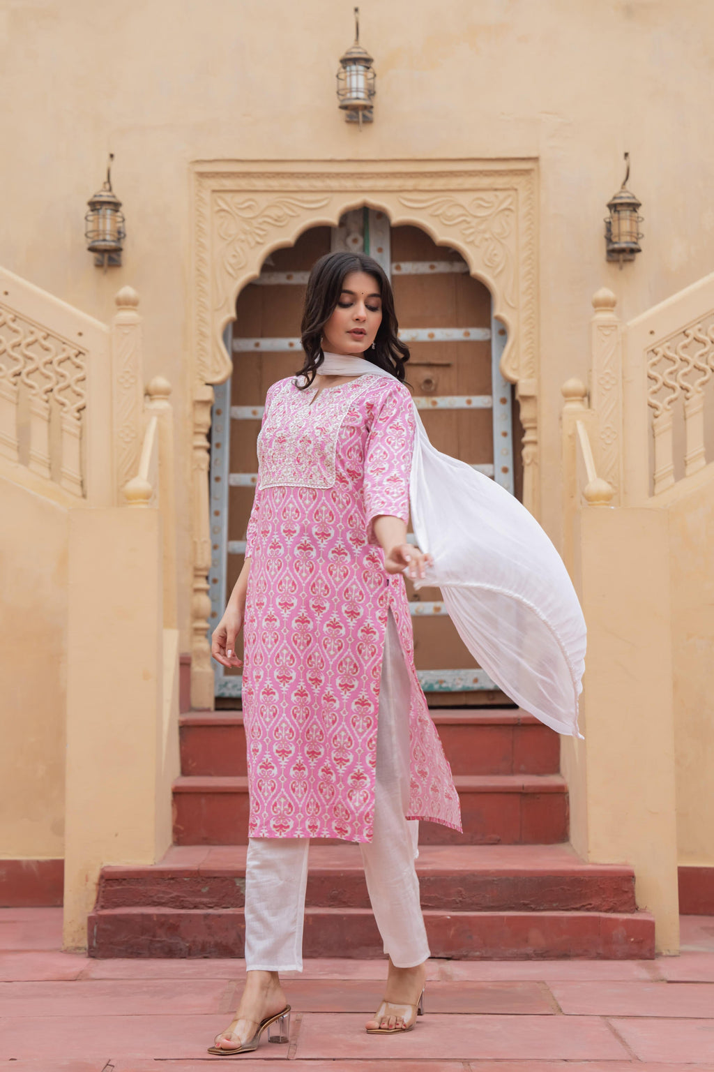 Juniper Women's Pink Ethnic Motif Printed Viscose Kurta Set With Sequin & Thread Work