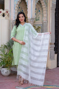 Juniper Sage Green Brocade Kurta-Pant & Dupatta Set with Sequins