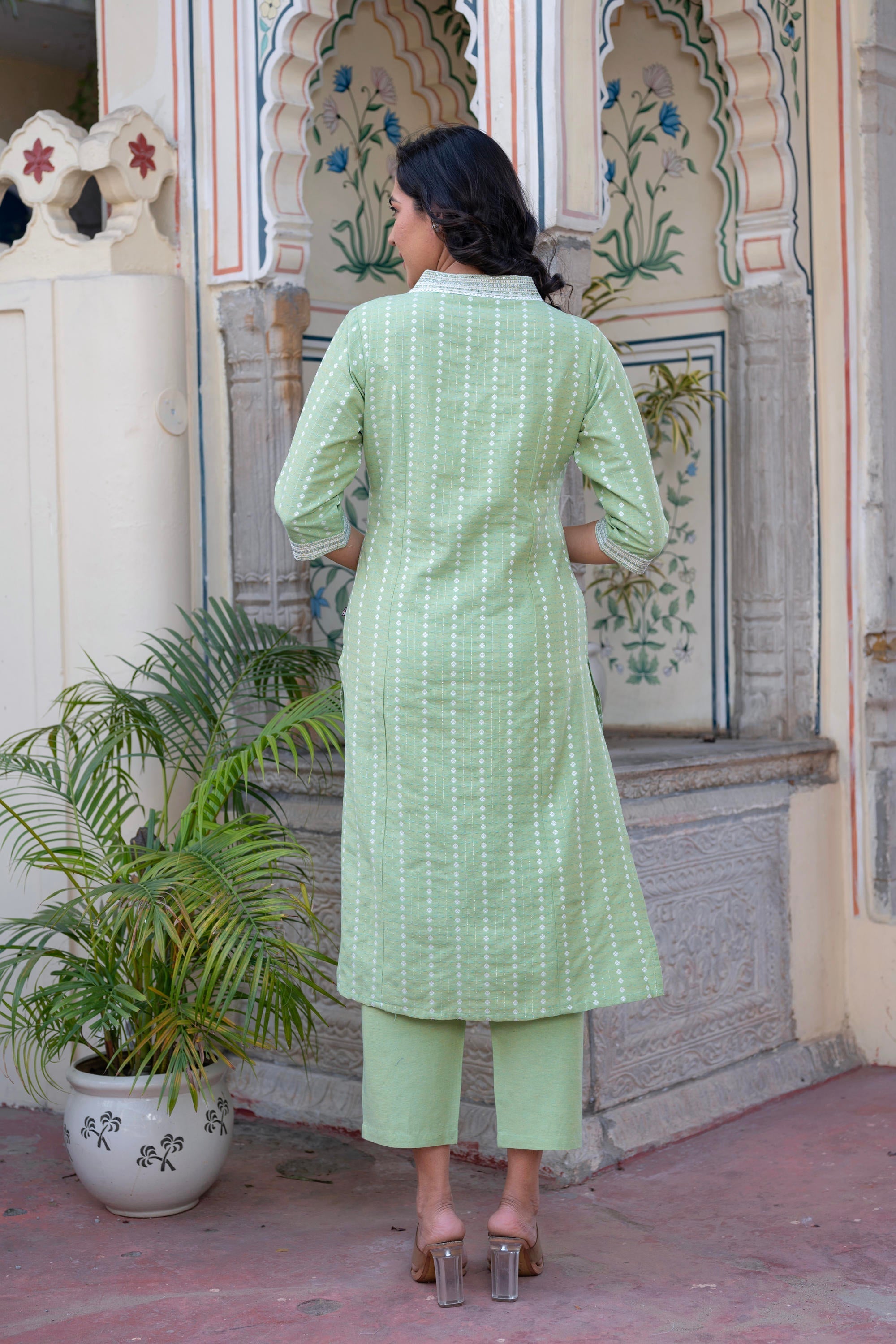 Juniper Sage Green Brocade Kurta-Pant & Dupatta Set with Sequins
