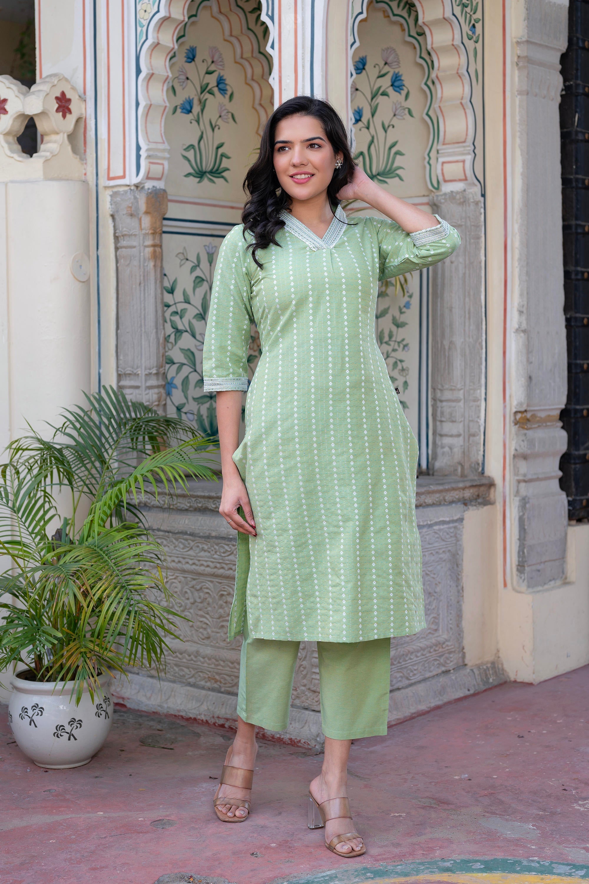 Juniper Sage Green Brocade Kurta-Pant & Dupatta Set with Sequins