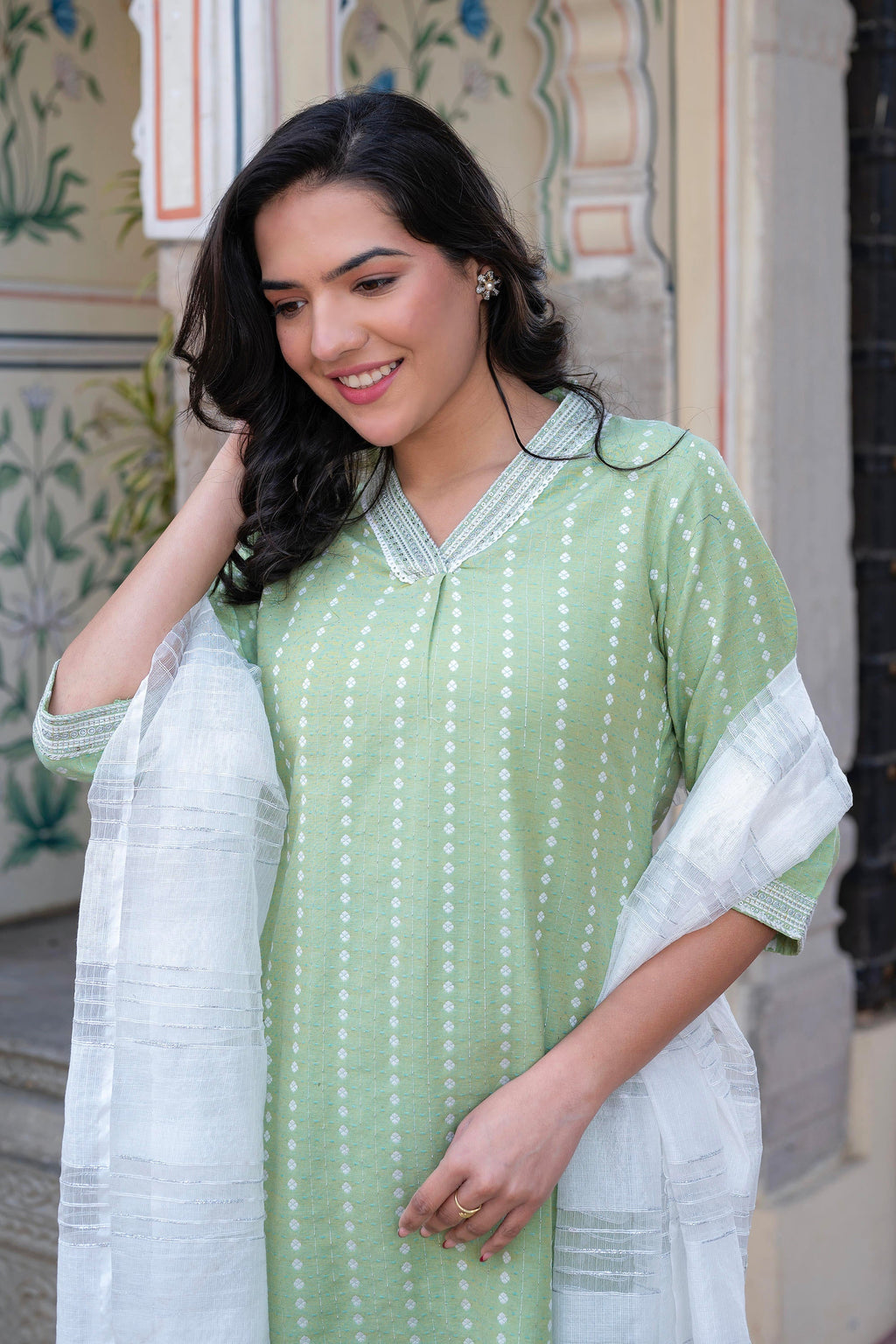 Juniper Sage Green Brocade Kurta-Pant & Dupatta Set with Sequins