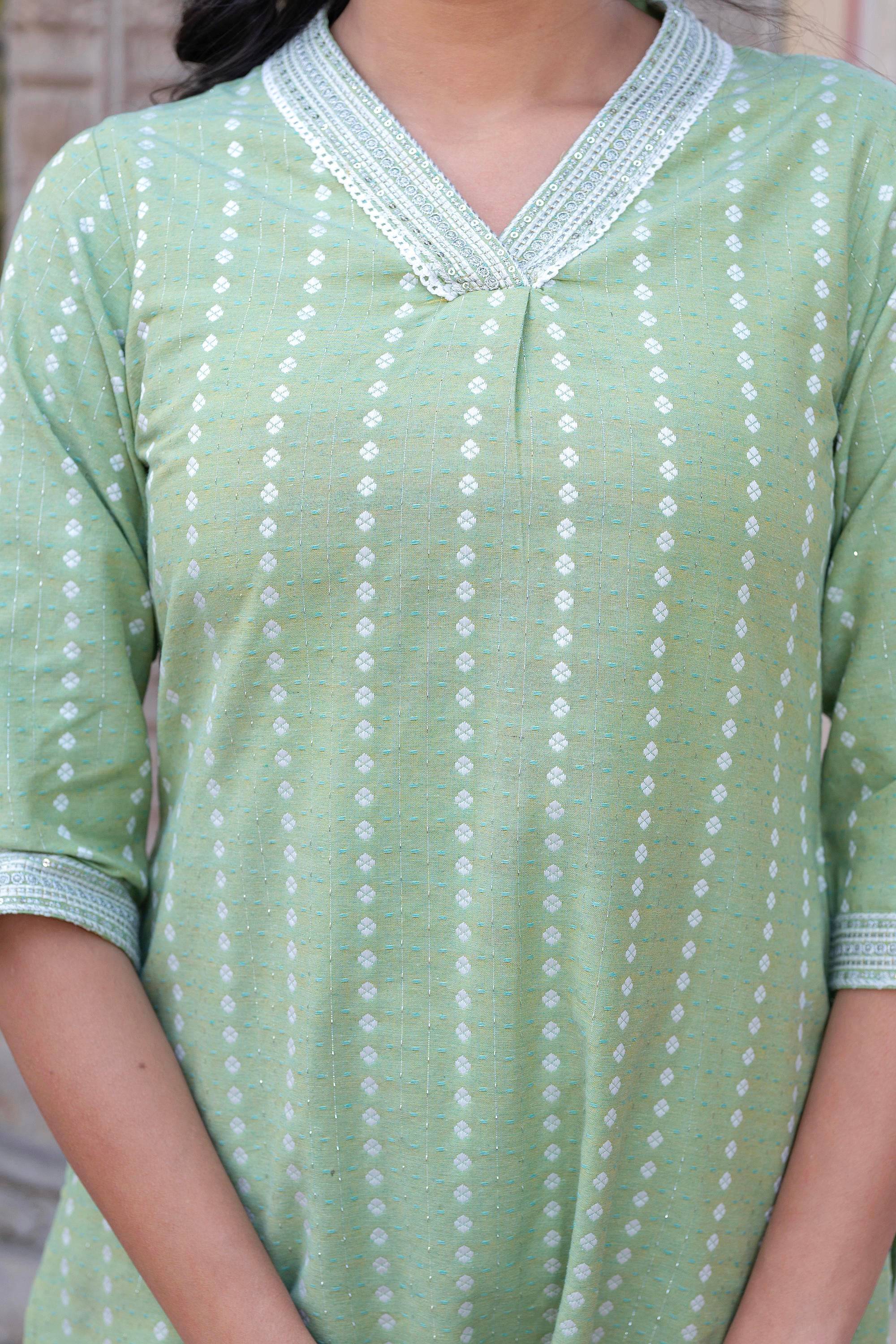 Juniper Sage Green Brocade Kurta-Pant & Dupatta Set with Sequins