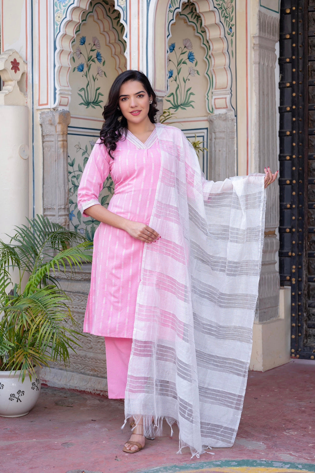 Juniper Pink Brocade Kurta-Pant & Dupatta Set with Sequins & Tassels