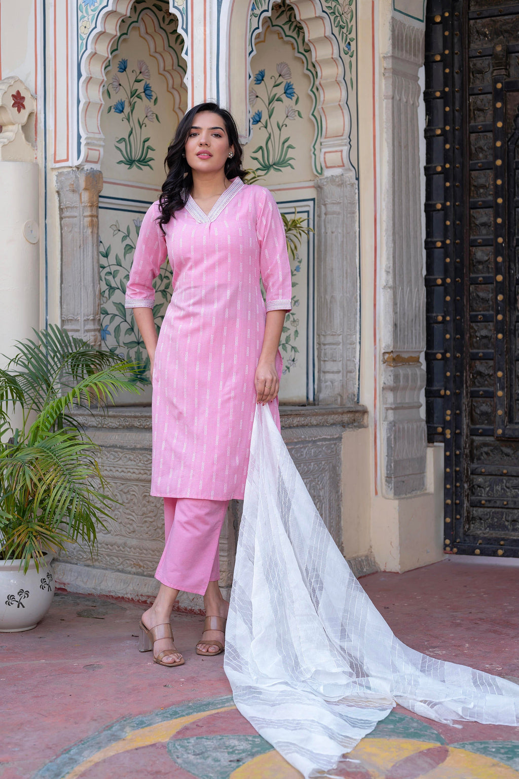Juniper Pink Brocade Kurta-Pant & Dupatta Set with Sequins & Tassels