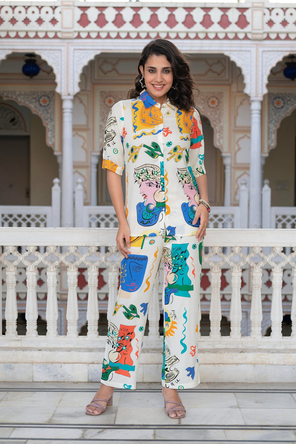 Juniper Multicolor Abstract Printed Co-Ord Set In White Base