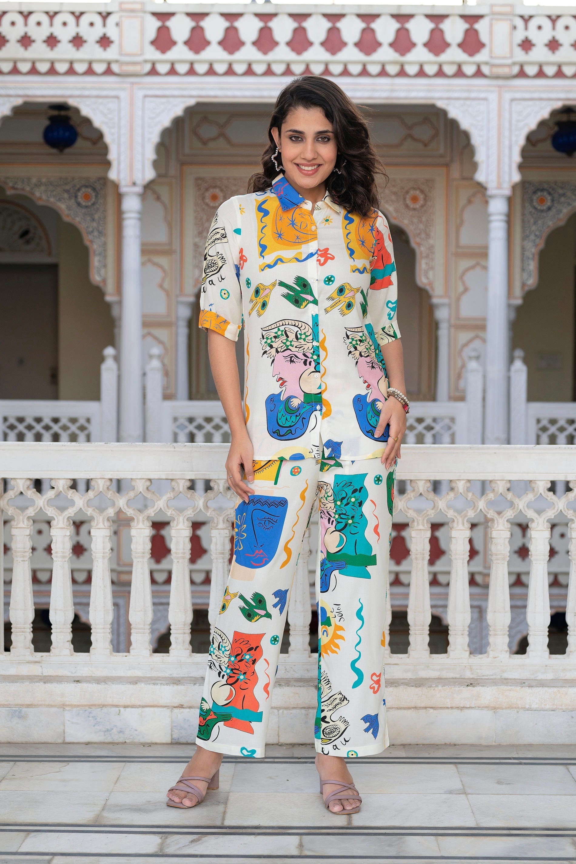 Juniper Multicolor Abstract Printed Co-Ord Set In White Base