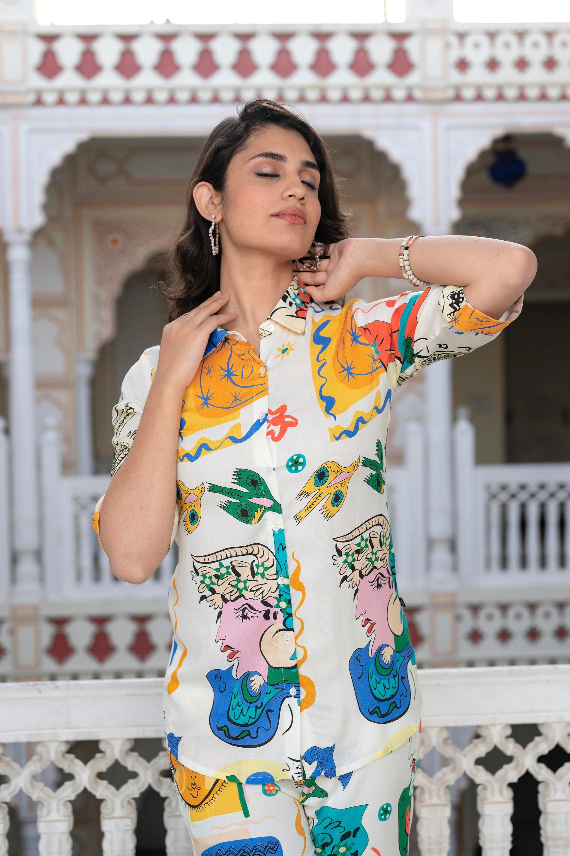 Juniper Multicolor Abstract Printed Co-Ord Set In White Base