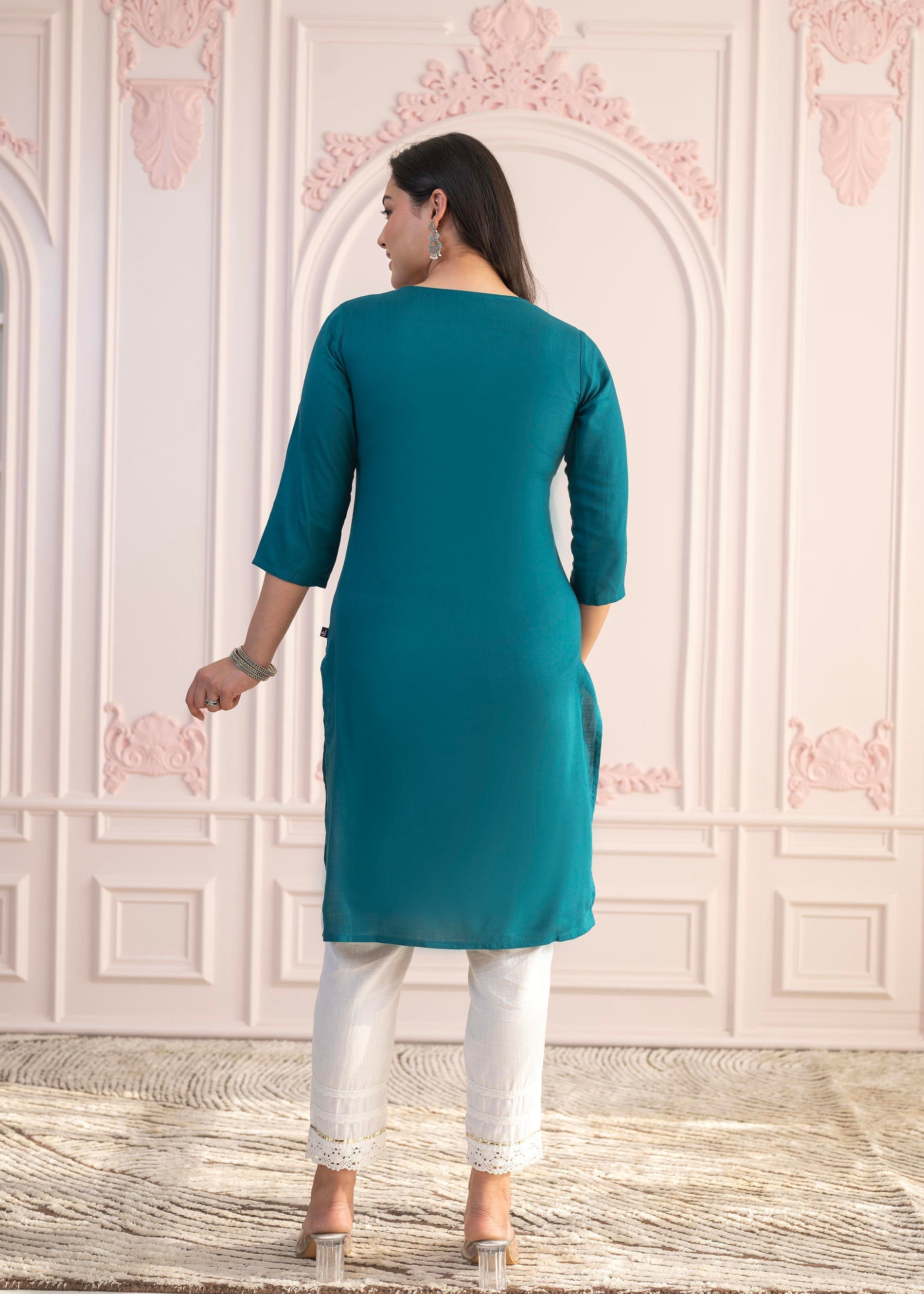 Juniper Teal Straight Kurta Set with Geometric Embroidered Yoke and White Pants