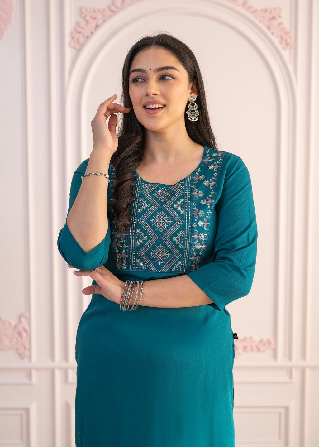 Juniper Teal Straight Kurta Set with Geometric Embroidered Yoke and White Pants