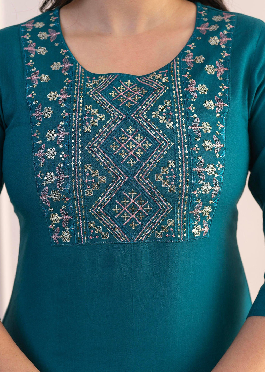 Juniper Teal Straight Kurta Set with Geometric Embroidered Yoke and White Pants