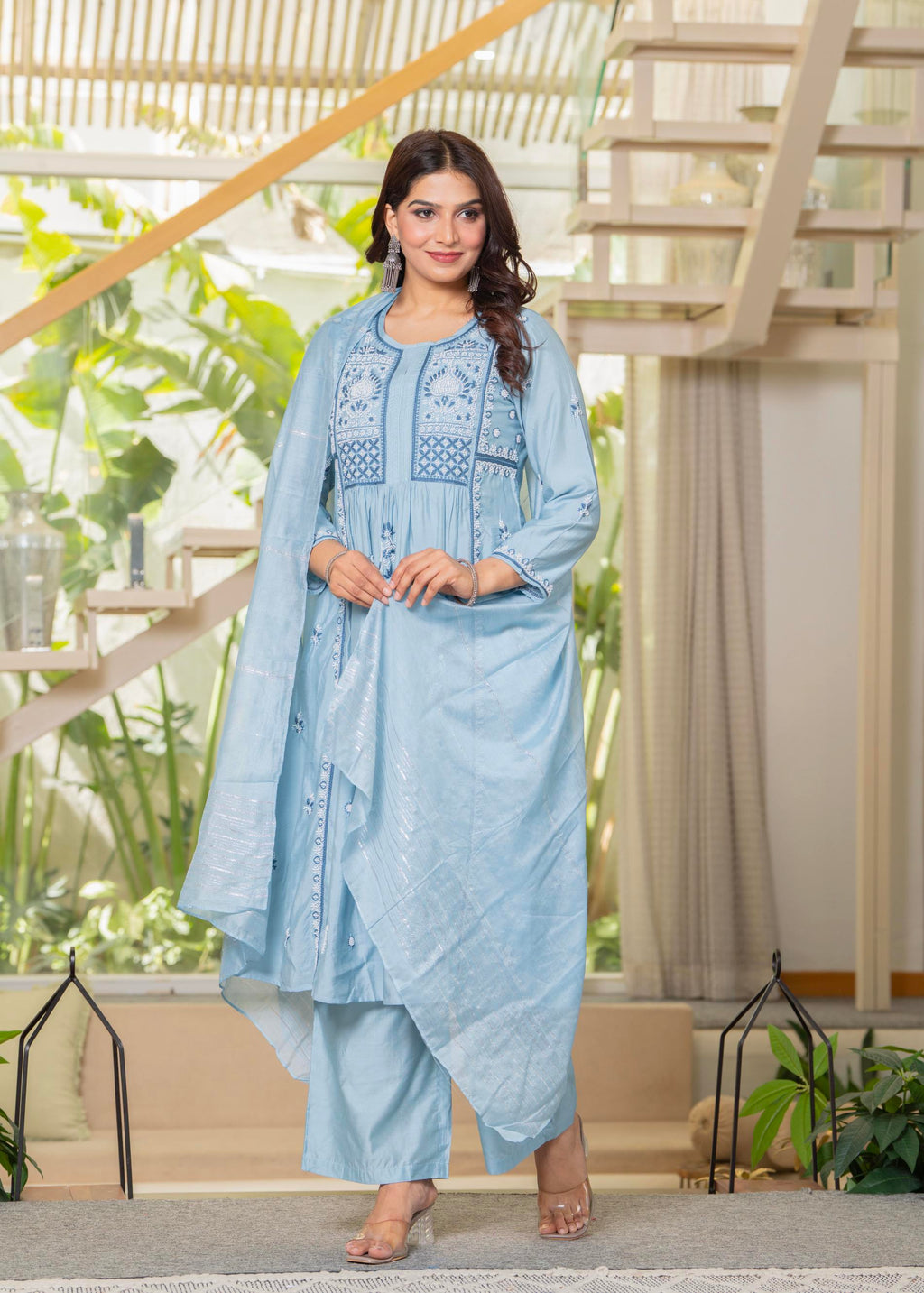 Juniper Aqua Blue Flared Embroidered Kurta Set with Dupatta