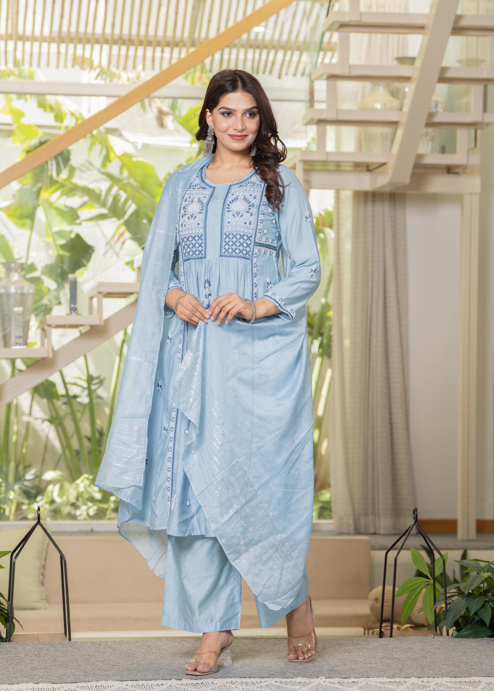 Juniper Aqua Blue Flared Embroidered Kurta Set with Dupatta