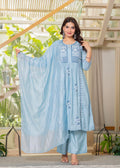 Juniper Aqua Blue Flared Embroidered Kurta Set with Dupatta