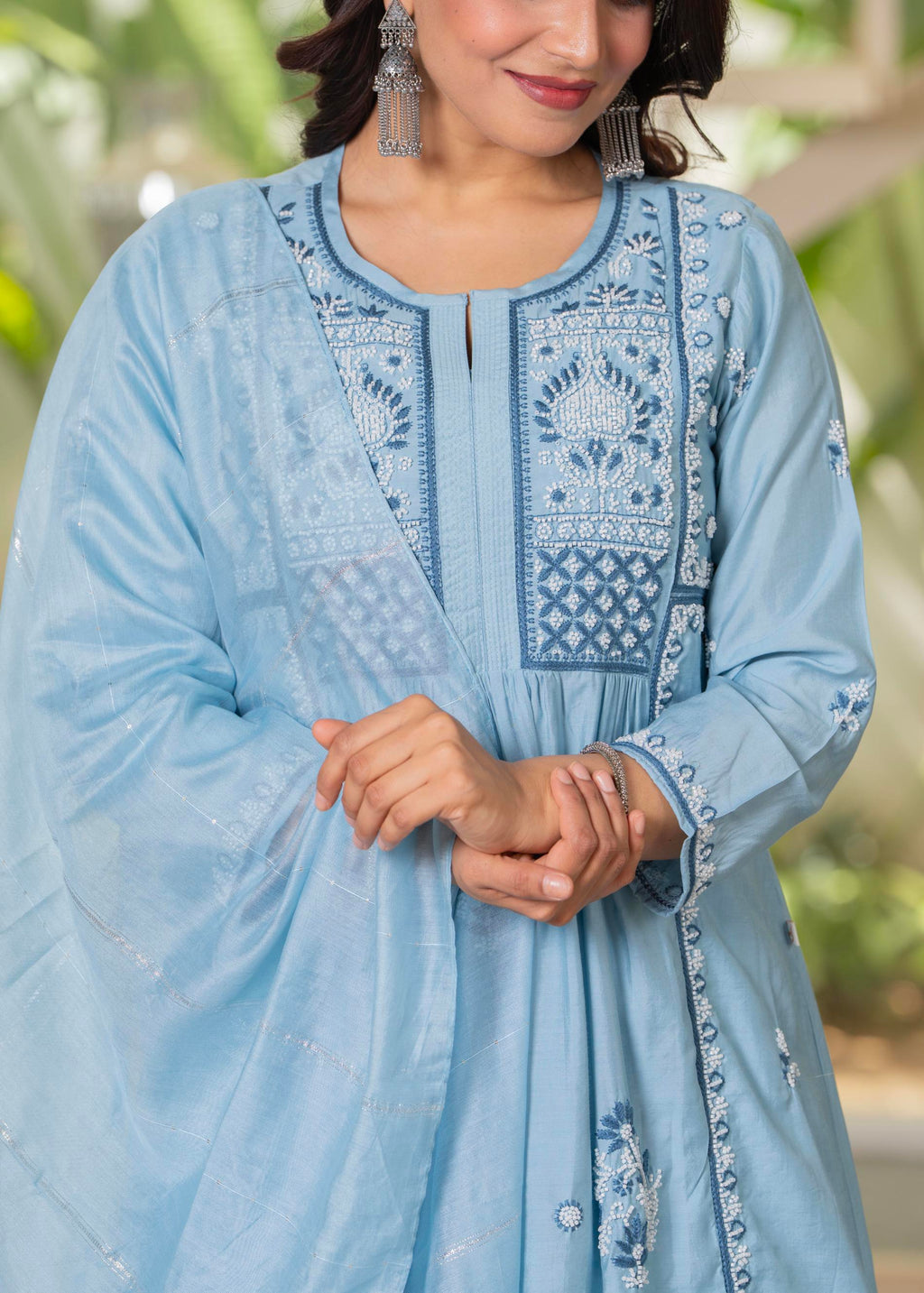 Juniper Aqua Blue Flared Embroidered Kurta Set with Dupatta